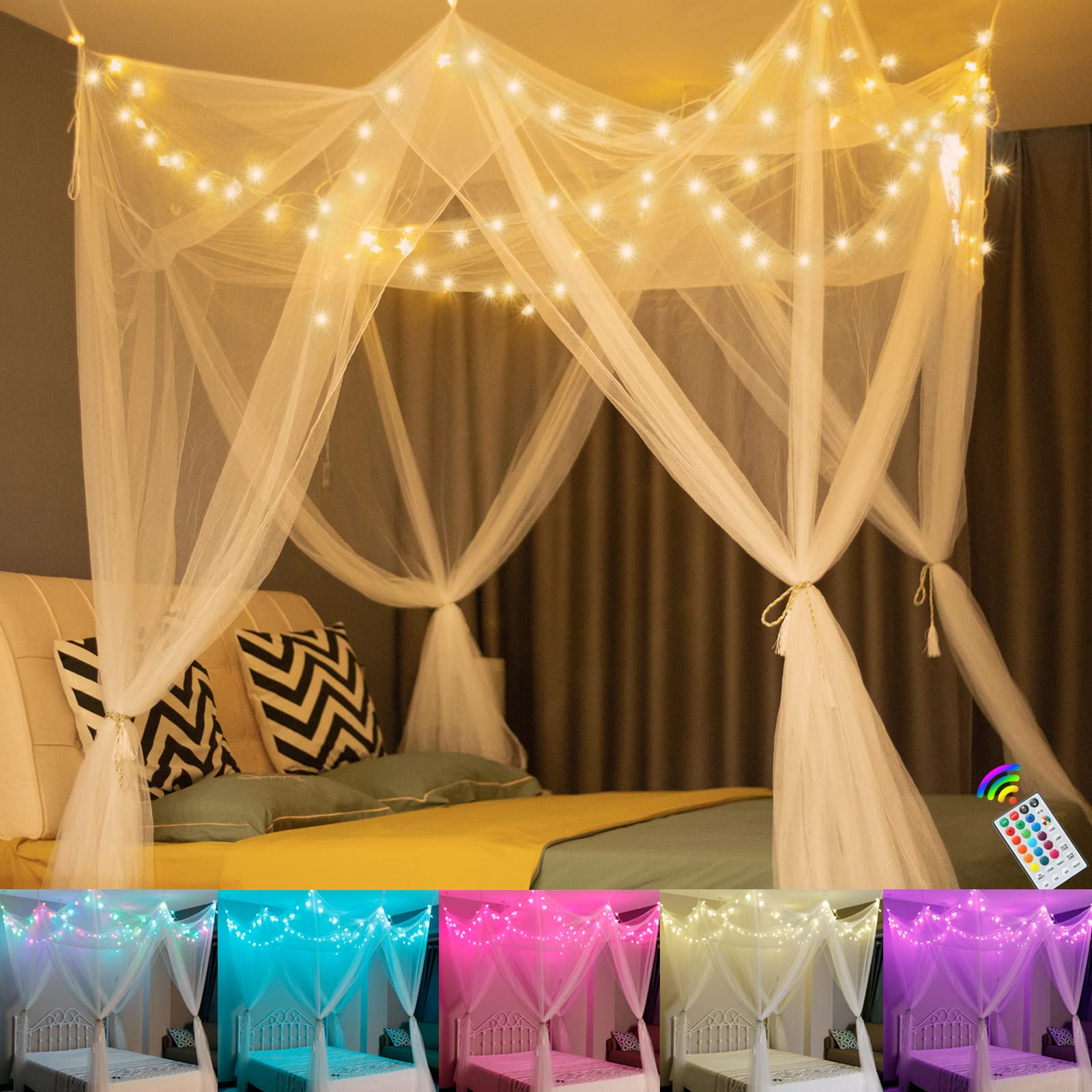 White Bed Canopy with 18 Colors Star Lights for Girls, 8 Corner Princess Canopy Bed Curtains with Color Changing LED String Ligh