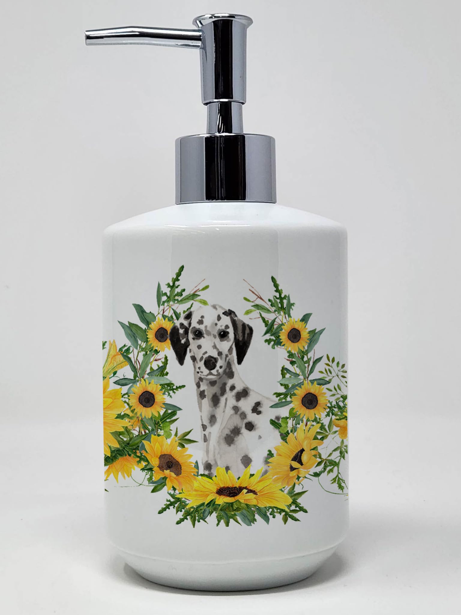 Caroline's Treasures CK2942SOAP Dalmatian in Sunflowers Ceramic Soap Dispenser Hand Soap Dispenser Pump Bottles for Bathroom Kit