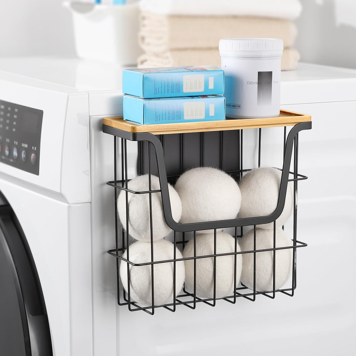 CACHOLIV Magnetic Dryer Ball Holder  Black Basket for Laundry Room Organization and Storage with Bamboo Top  Magnetic Lint Bin