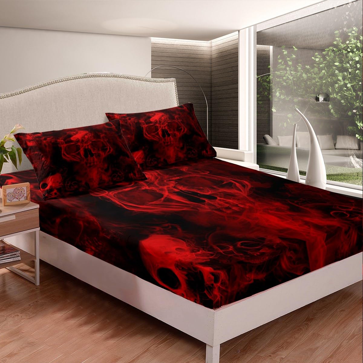 Gothic Skull Bed Sheets Red And Black Skeleton Sheet Set Queen For Boys Teens Men Women,Psychedelic Goth Skull Bedding Set Tripp
