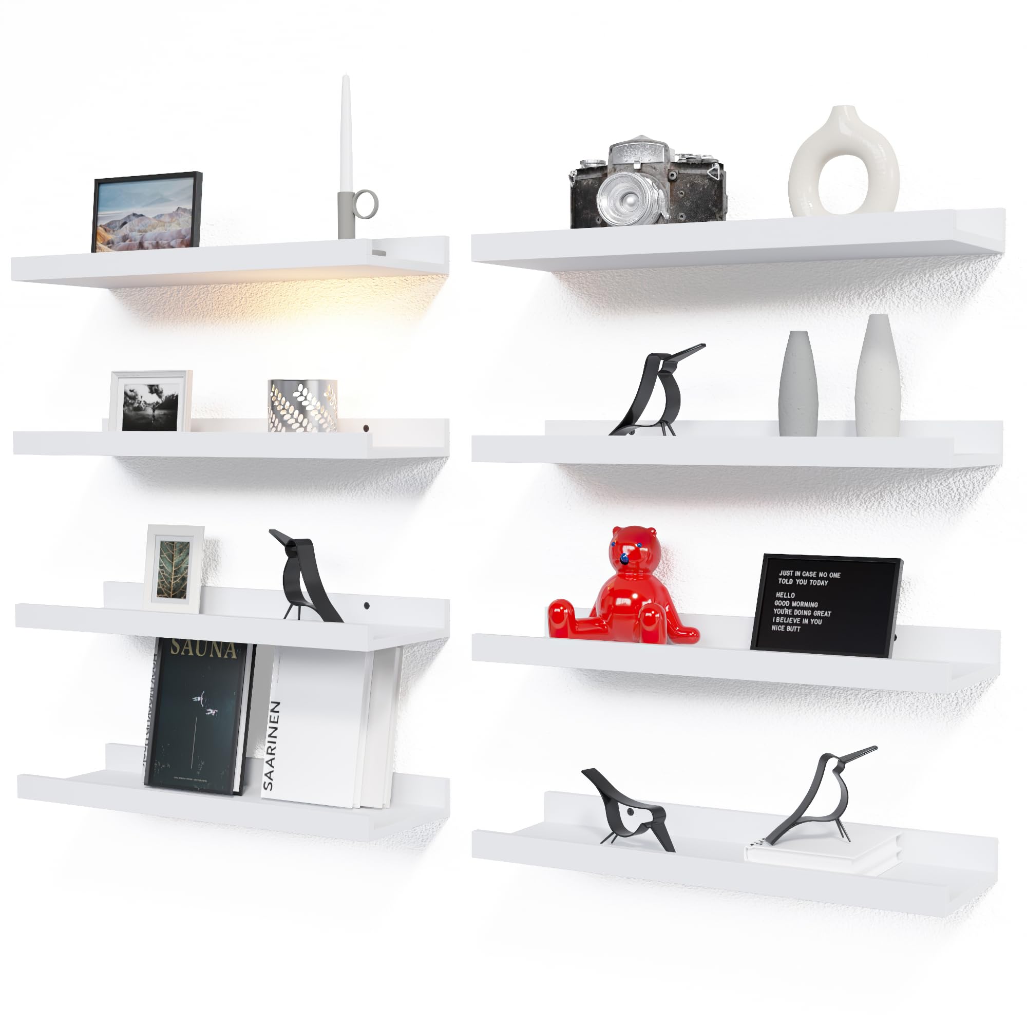 Richer House 8 Set Floating Wall Mounted Shelves, Nursery Hanging Book Shelves With Lip For Storage, White Display Picture Ledge Shelf For Bedroom Bathroom Kitchen Living Room Wall Decor, Modern White