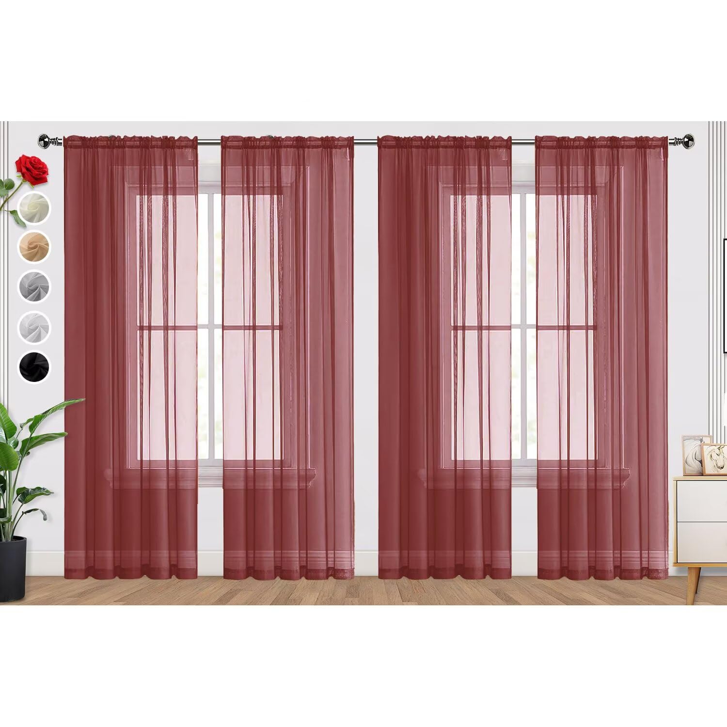 SpaceDresser Burgundy Sheer Curtains 4 Panels Rod Pocket Semi-Sheer Curtain 72 Inches Long Light Filtering Voile Window Drapes f