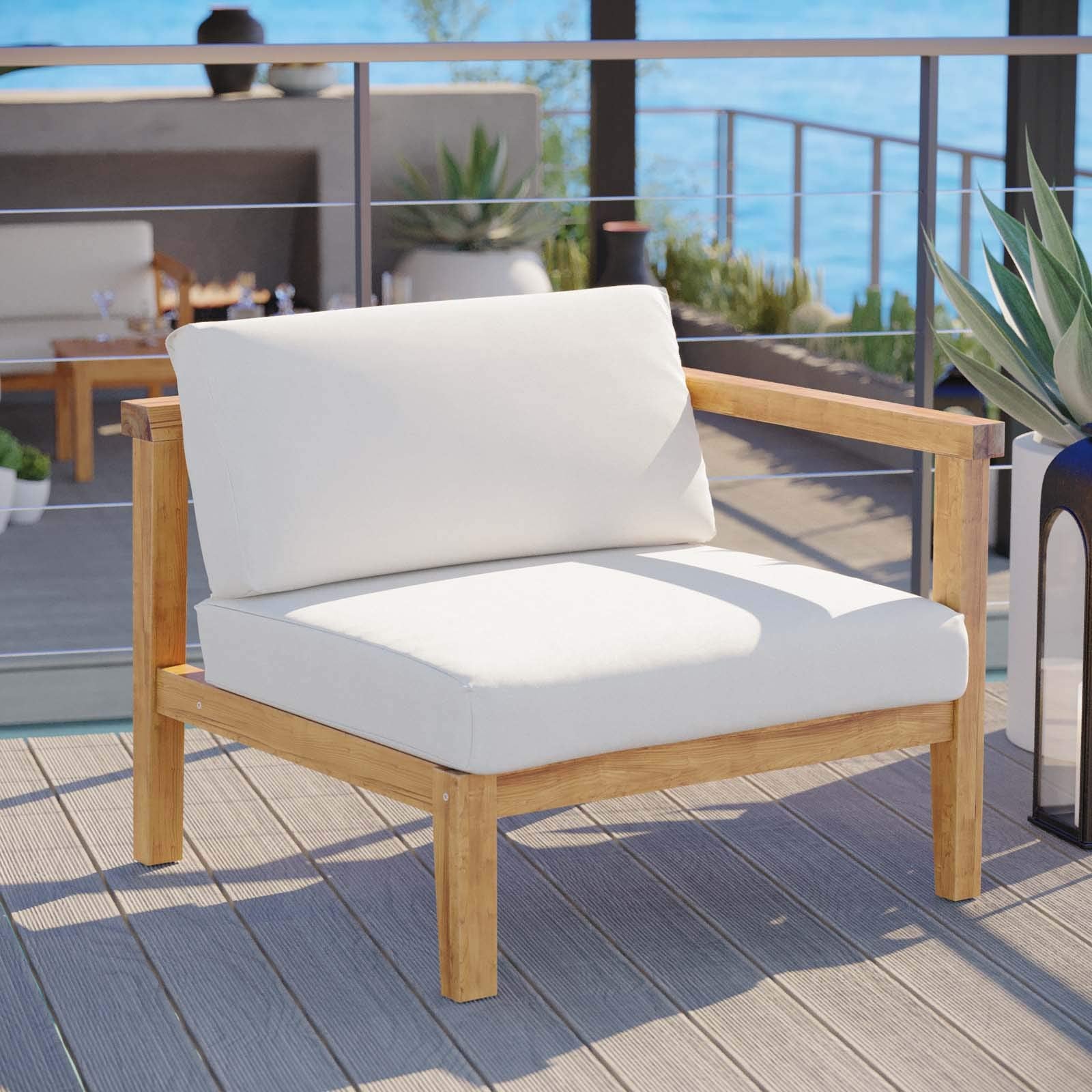 Modway Eei-4129-Nat-Whi Bayport Patio Teak Wood Right-Arm Chair, Natural White