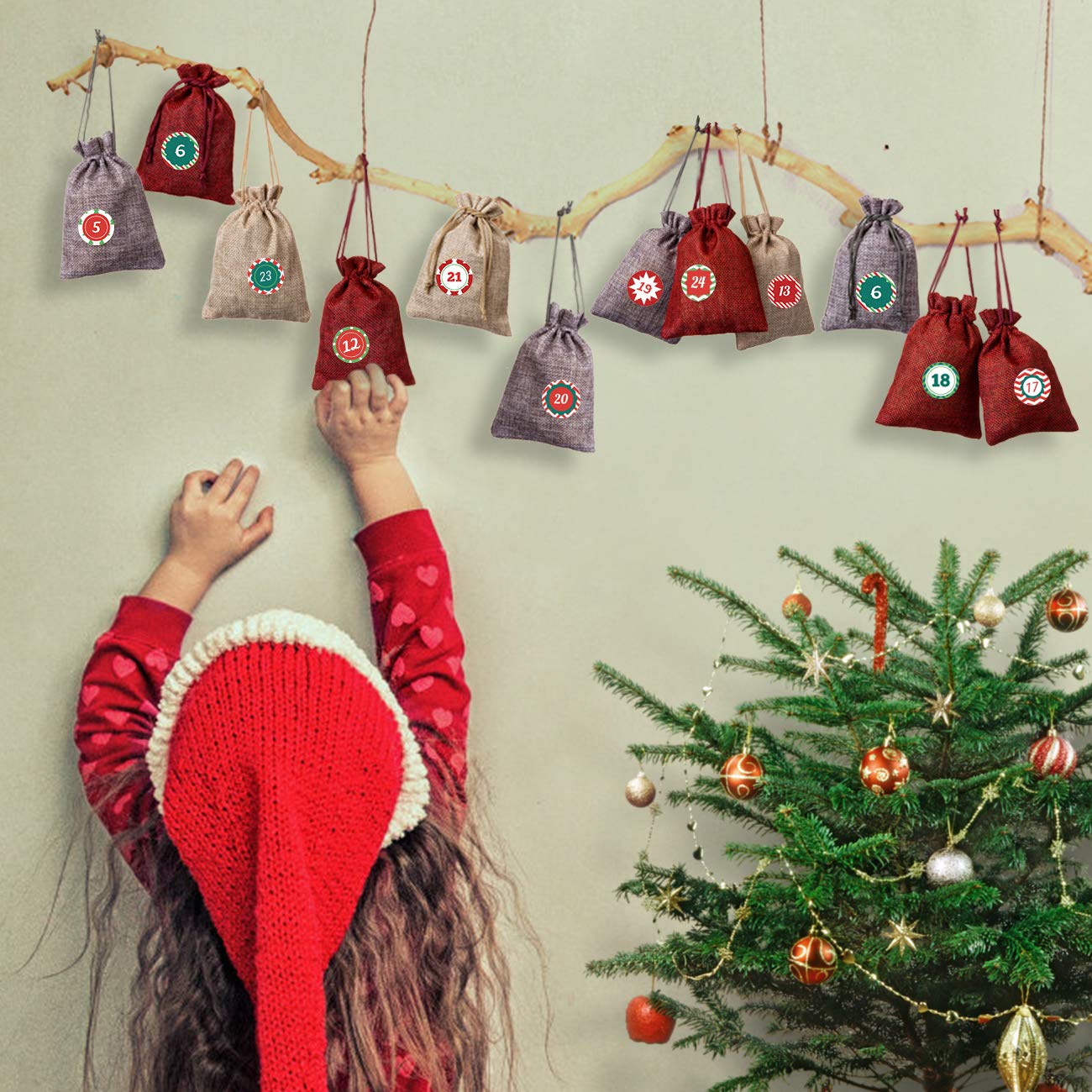 Naler Advent Calendar 2024, 24 Pieces Hanging Burlap Bags Candy Gift Bags Drawstring Pouch Burlap Sacks For Diy Christmas Countd