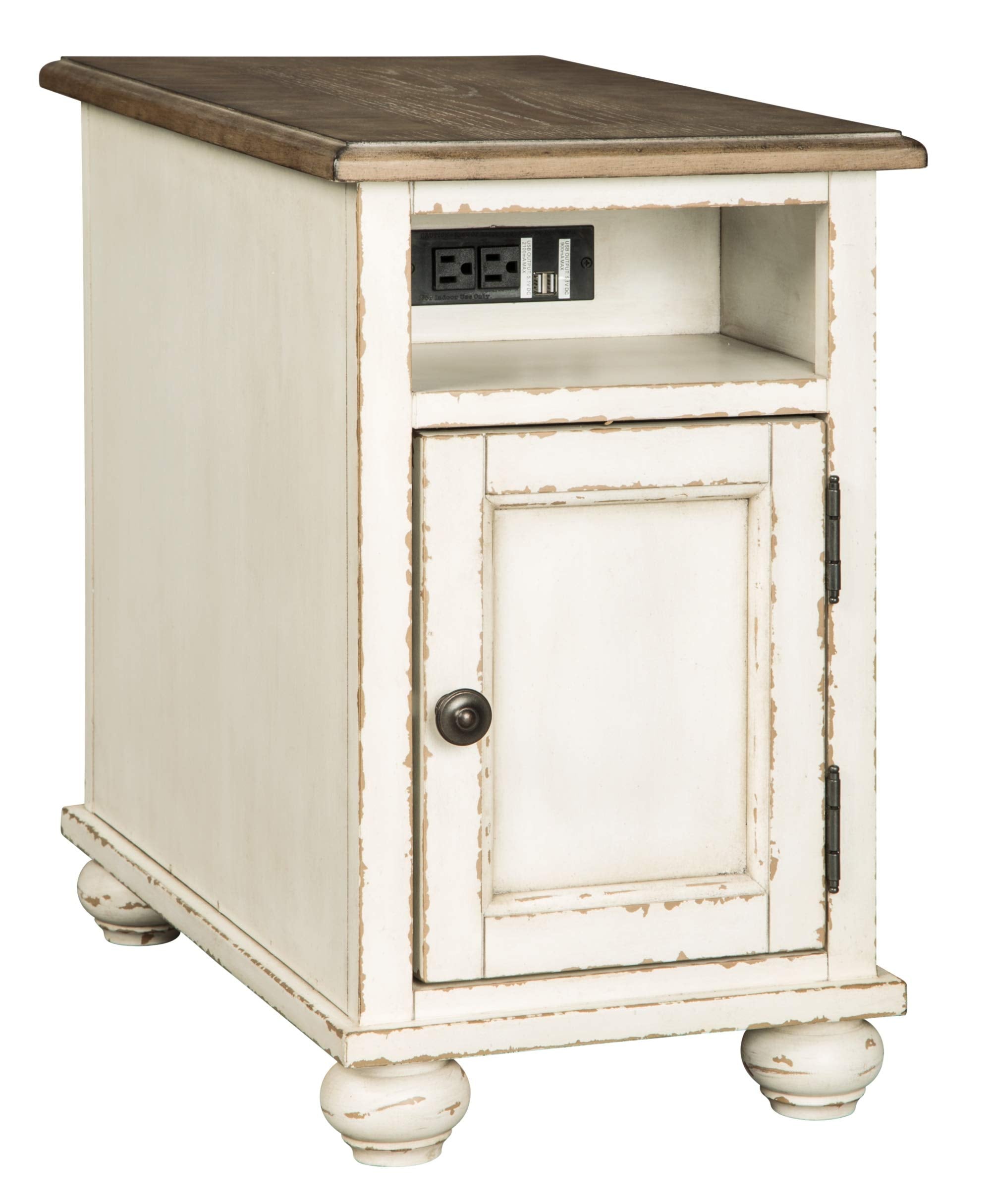 Signature Design by Ashley Realyn French Country Chair Side End Table with Outlets & USB Ports, Cream Antique White