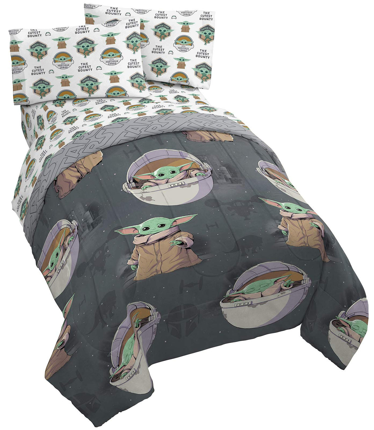 Jay Franco Starwars The Mandalorian The Child 4 Piece Twin Bed Set-Includes Reversible Comforter&Sheet Set-Bedding Features Baby