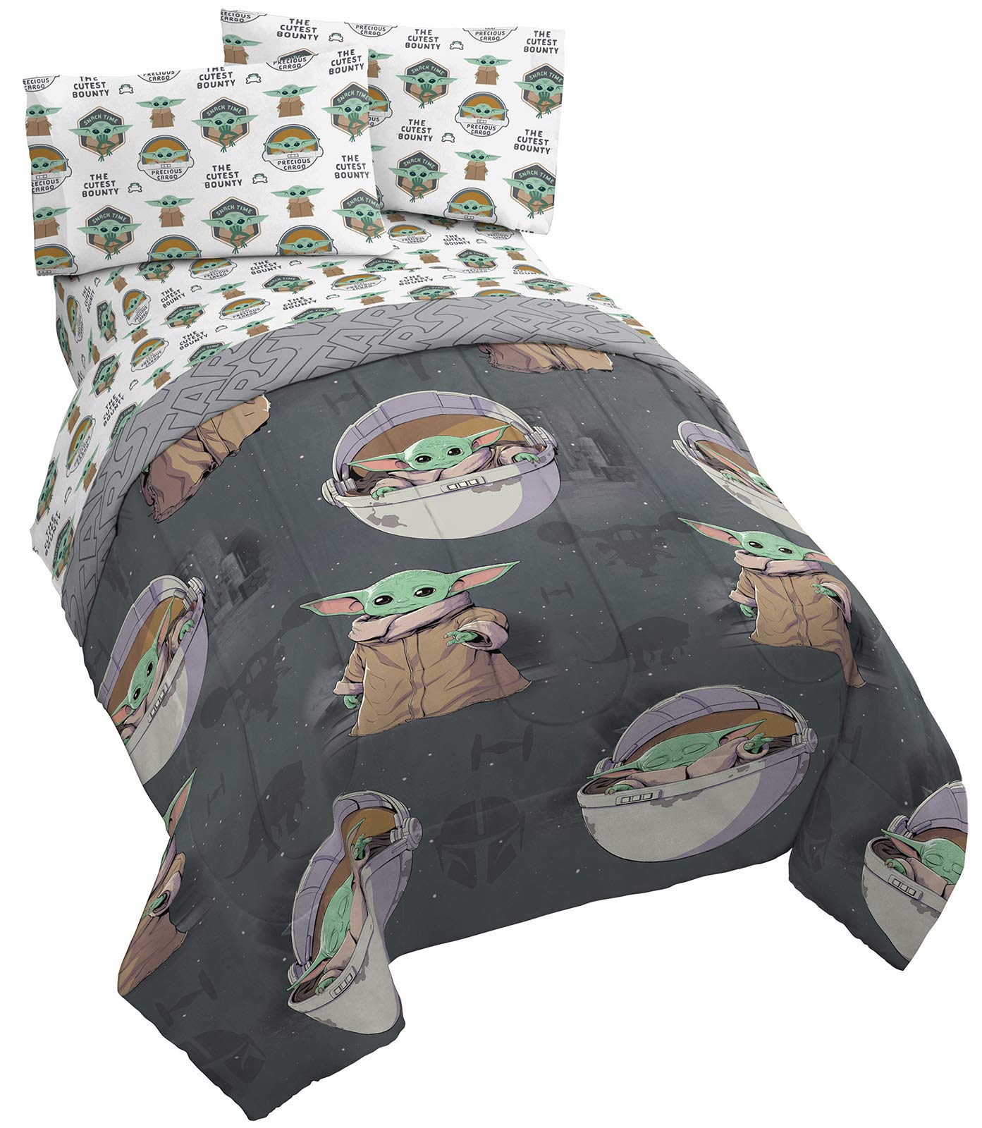 Jay Franco Star Wars The Mandalorian The Child 5 Piece Queen Bed Set - Includes Reversible Comforter & Sheet Set - Bedding Featu