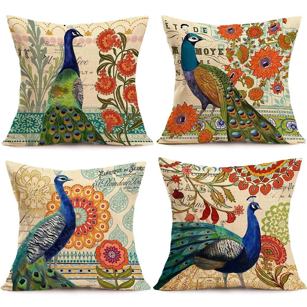 Ulove Love Yourself 4Pack Peacock Throw Pillow Covers Only Decorative Square Pillowcases Cotton Linen Cushion Cover 18 X 18 Inch