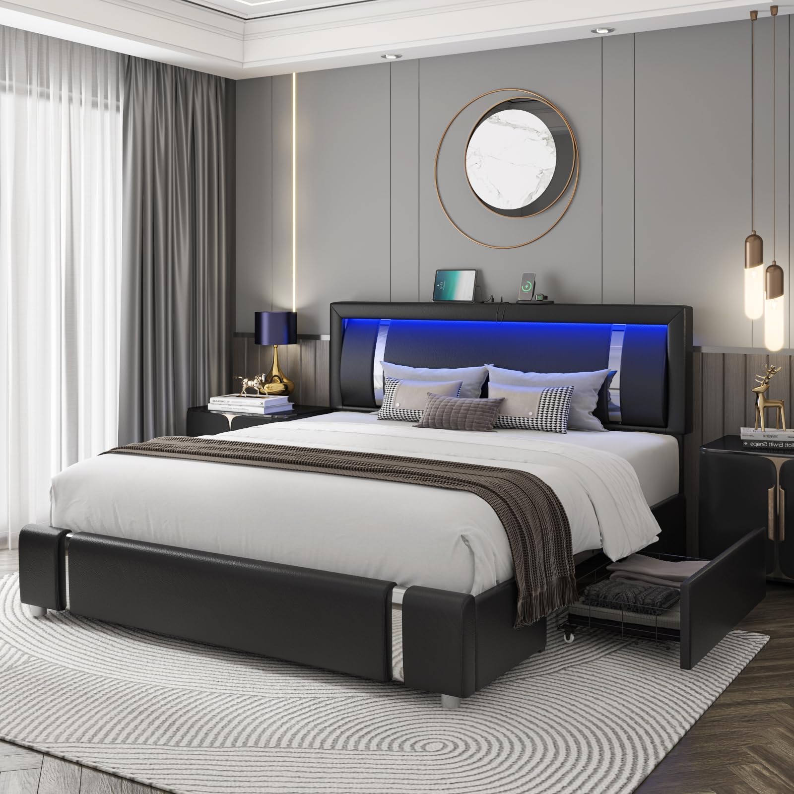 Full Size Bed Frame with RGB LED Lights Headboard & 2 Storage Drawers, Modern Upholstered Faux Leather Smart Platform Bed with I