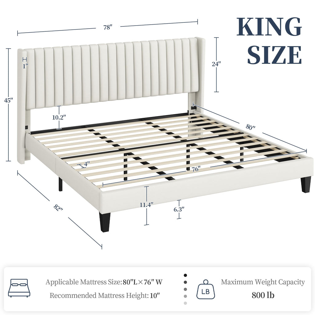 Yaheetech King Bed Frame Upholstered Platform Bed With Fabric Headboard, Wing Edge Design/Non-Slip And Noise-Free/Wooden Slats Support/No Box Spring Needed/Easy Assembly, Beige King Bed