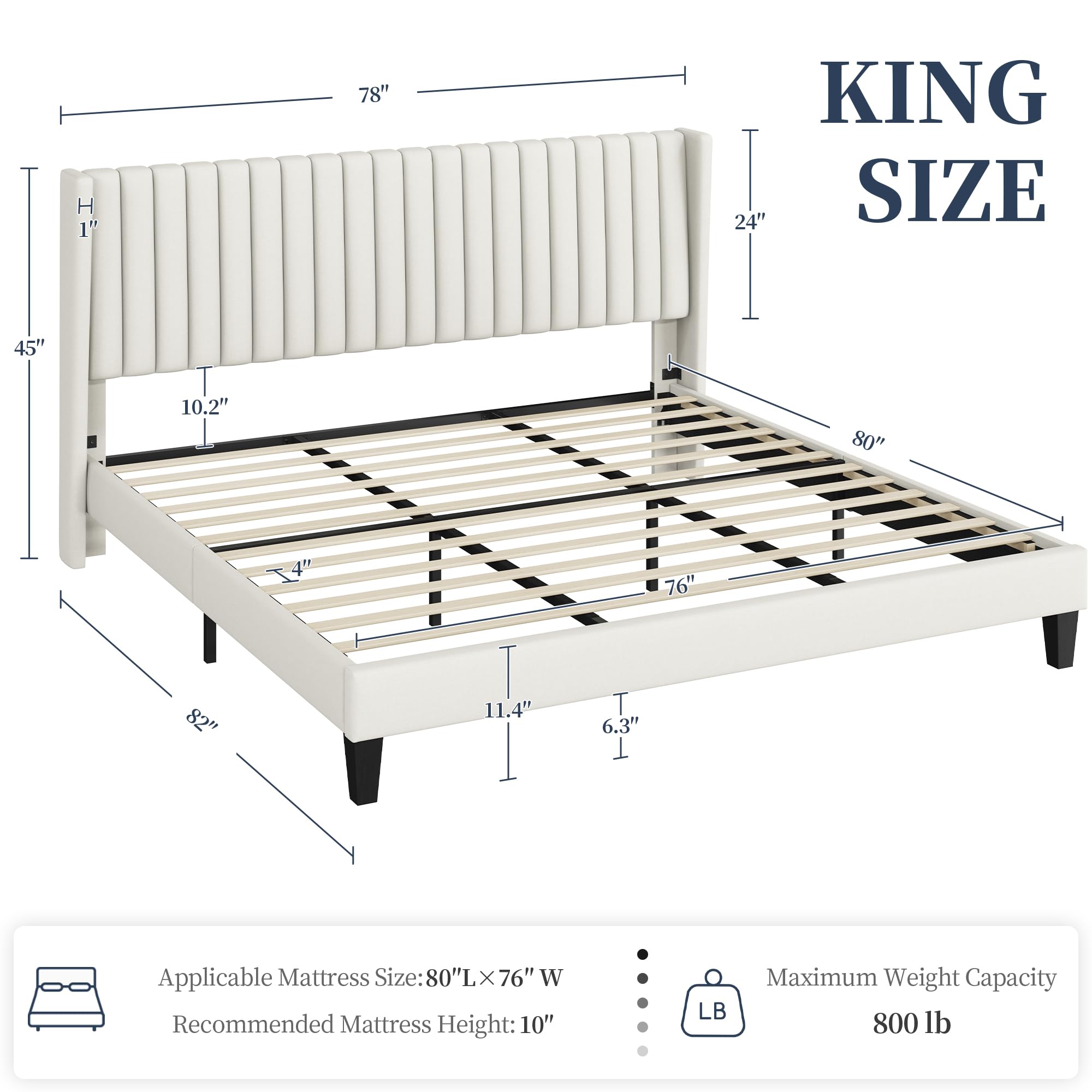 Yaheetech King Bed Frame Upholstered Platform Bed With Fabric Headboard, Wing Edge Design/Non-Slip And Noise-Free/Wooden Slats Support/No Box Spring Needed/Easy Assembly, Beige King Bed