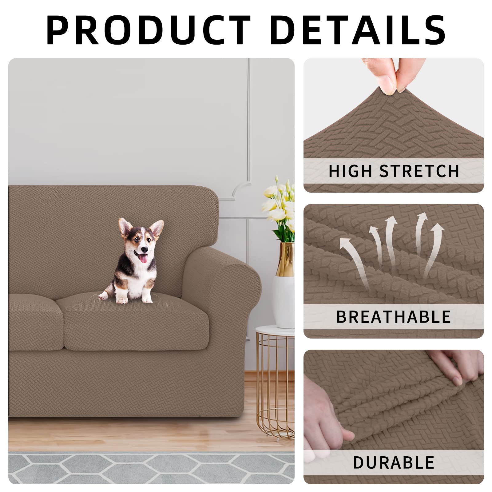 Issuntex 2 Pieces High Stretch Thicken Chair Couch Covers, Soft Sofa Slipcover For 1 Separate Cushion Couch, Jacquard Fabric Ela