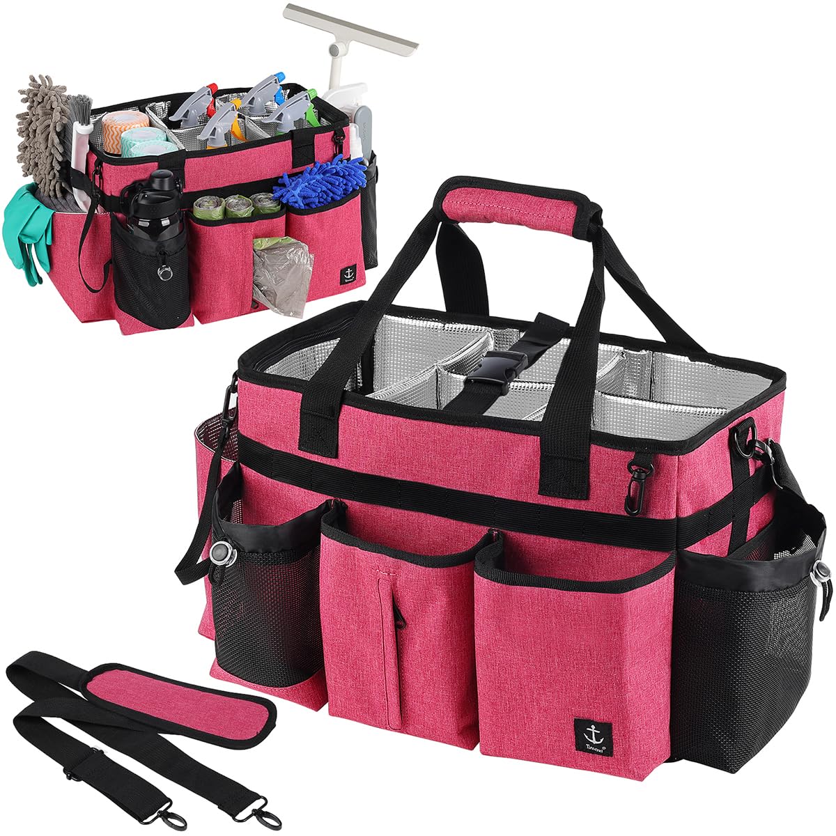 Timoxi Large Cleaning Caddy Bag Built-In Sturdy Support Board, Cleaning Organizer With Detachable Divider, Cleaning Supply Tote