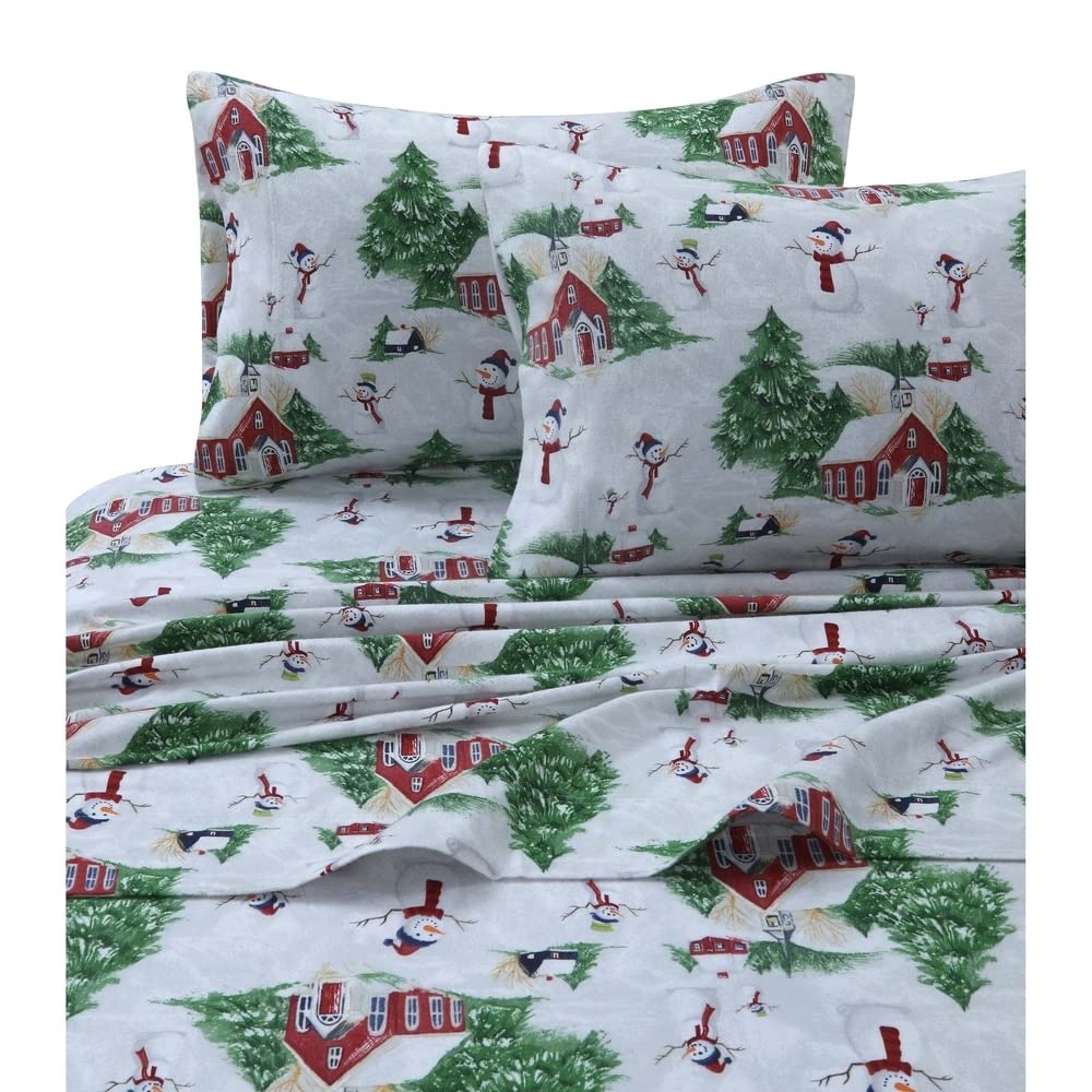 Tribeca Living 100% Cotton Flannel Sheet Set - Deep Pocket, 170-Gsm, Ultra Soft & Cozy Bedding For Winter, Twin, Snowman Red/Gre