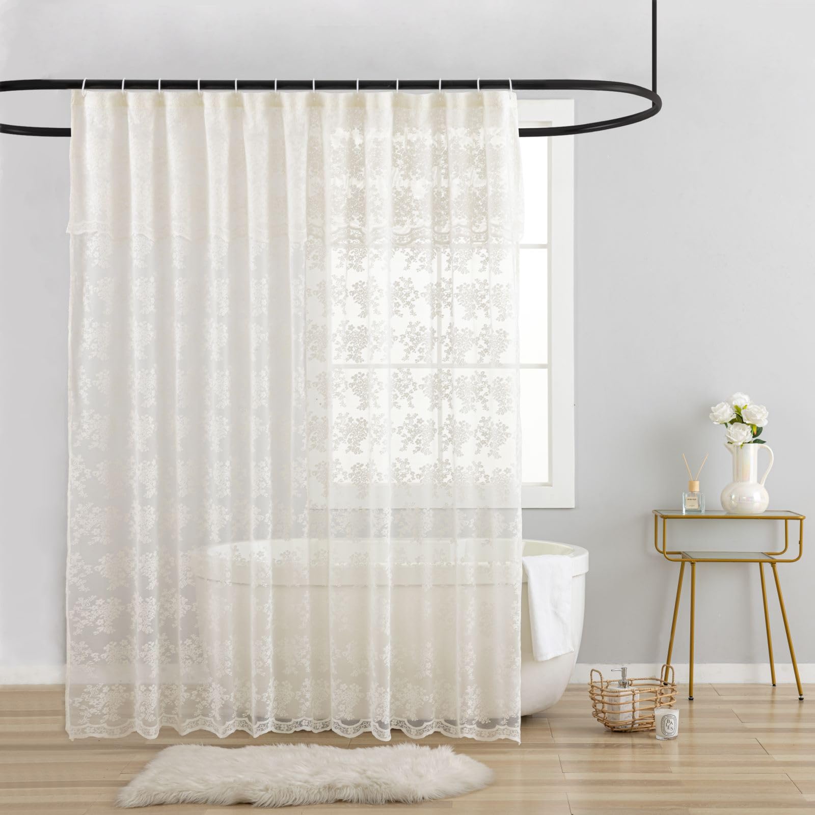 TUDECO Ivory Lace Shower Curtain with Attached Valance, Knitted Rustic Vintage Floral Shower Curtain for Bathroom, Scalloped Edg