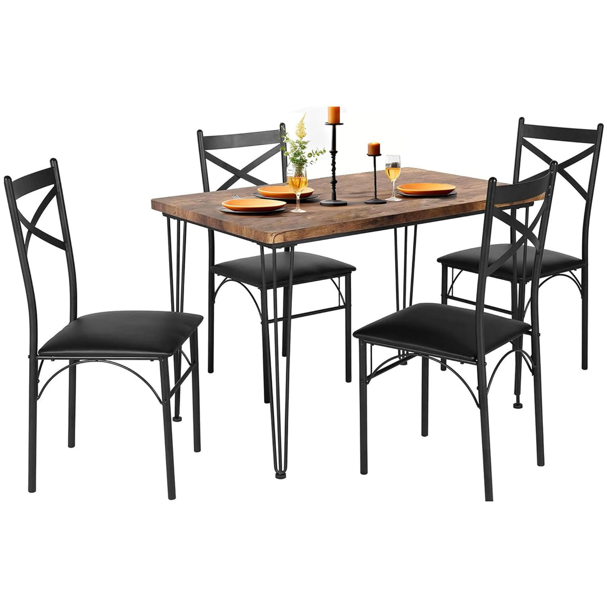 Vecelo 5-Piece Dining Table Set For Home Kitchen Small Space Breakfast Nook, 4 Faux Leather Metal Frame Chairs, Retro Brown