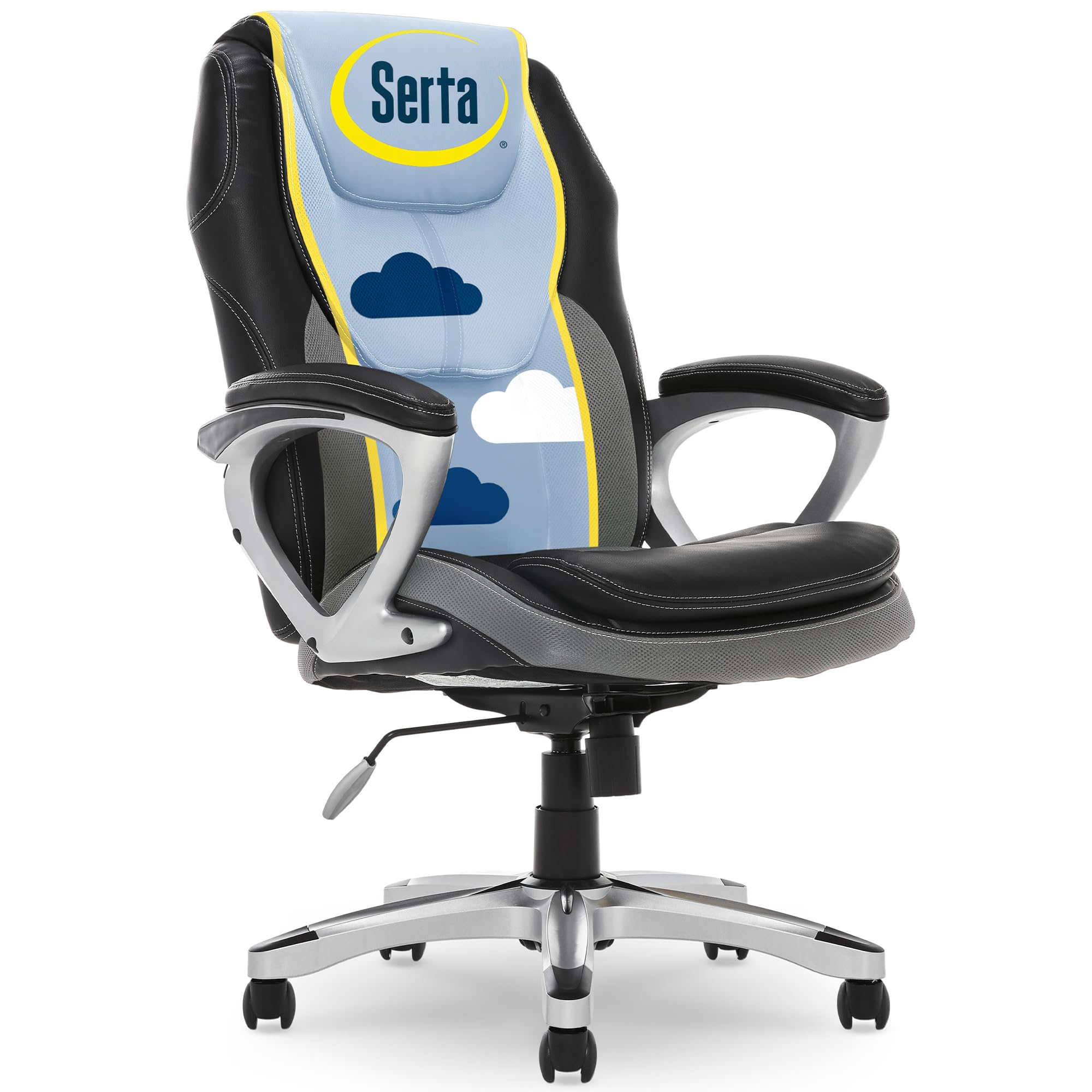 Serta Executive Office Padded Arms, Adjustable Ergonomic Gaming Desk Chair with Lumbar Support, Faux Leather and Mesh, Gray/Blac