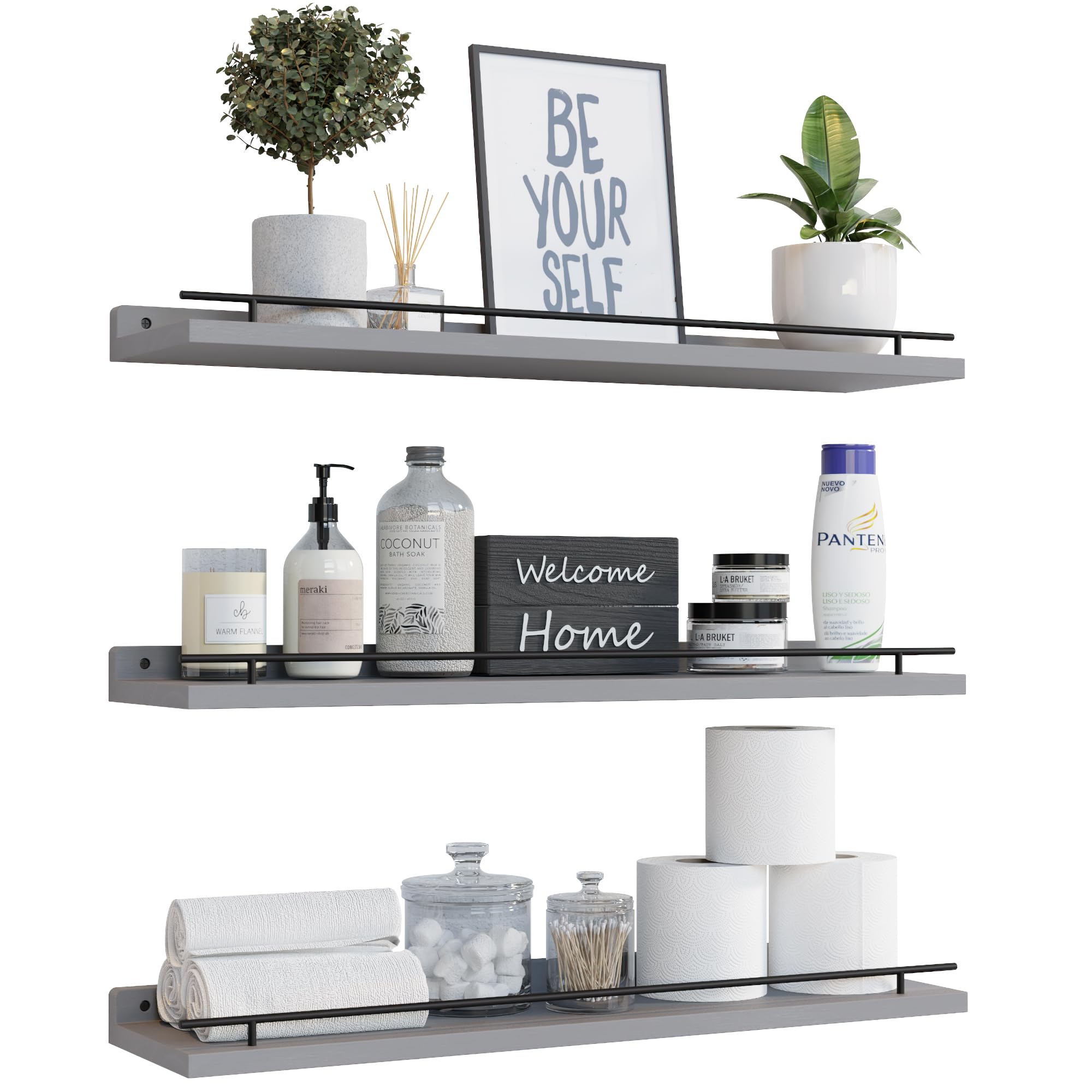 Wopitues Floating Shelves 24 Inch With Black Metal Guardrail, Shelves For Wall Decor Set Of 3, Wall Shelves For Bedroom, Bathroom, Kitchen, Living Room, Plants, Picture Frames, Art- Grey