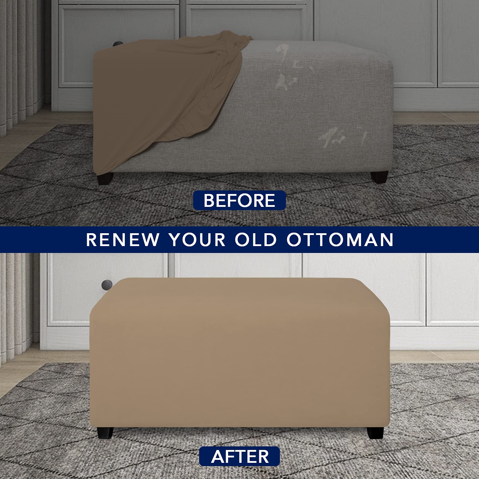 Purefit Super Stretch Soft Form Fit Ottoman Cover Rectangle - Ottoman Slipcovers For Foot Stool & Folding Storage Furniture For Living Room With Nonslip Elastic Bottom (Medium, Camel)