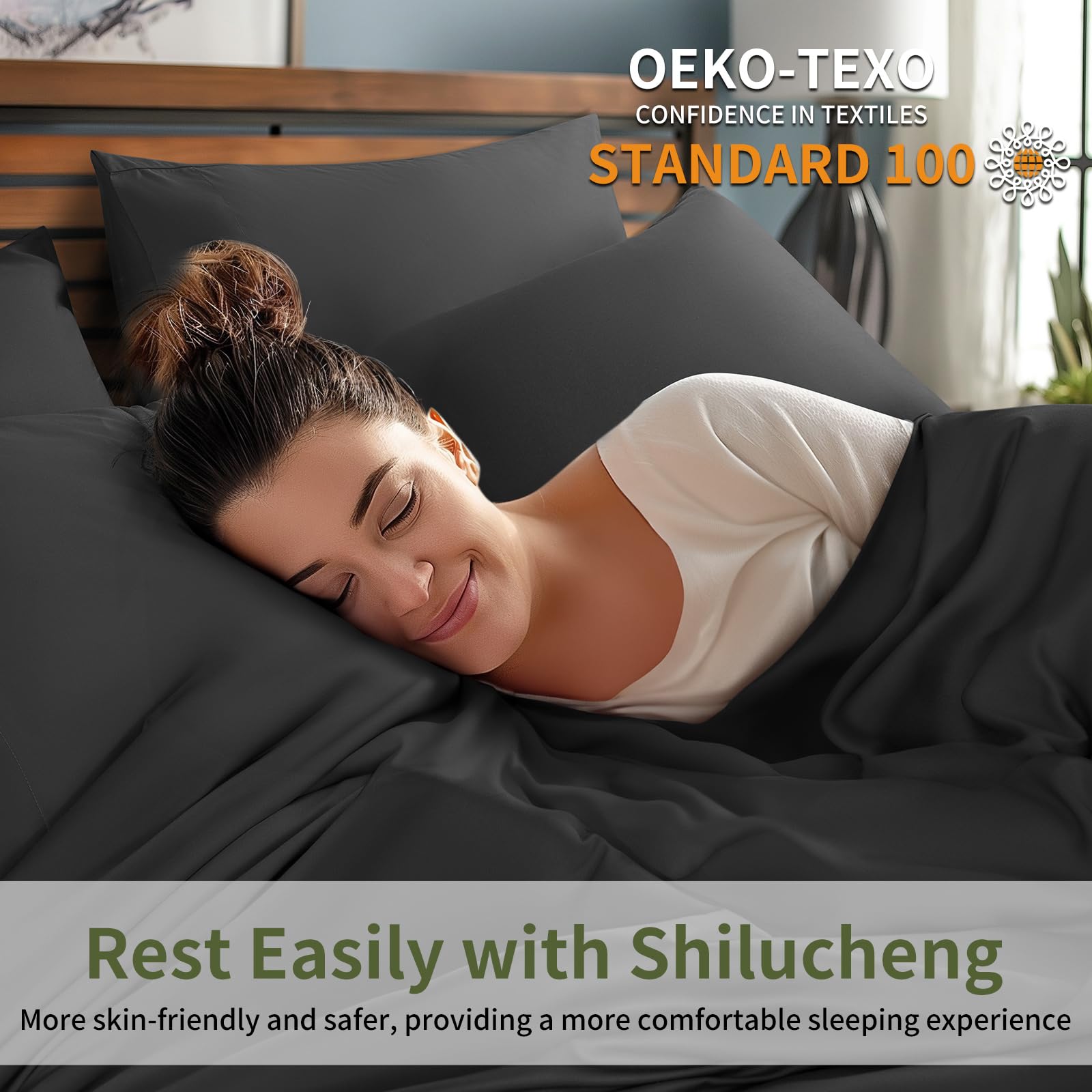 Shilucheng 6 Piece King Sheet Sets, Cooling Sheets, Blend Rayon Derived From Bamboo, Deep Pocket Up To 16', Breathable & Soft Bed Sheets, Hotel Silky Bedding Set, Black