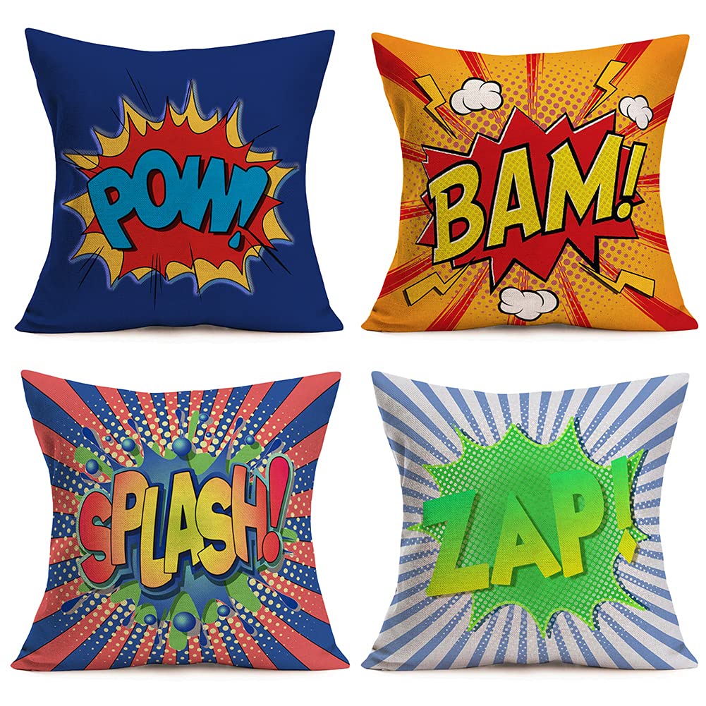 Qinqingo Super Hero Quote Pillow Covers Set Of 4 Pow/Bam/Splash/Zap With Exclamation Pattern Art Comic Design Decorative Throw P