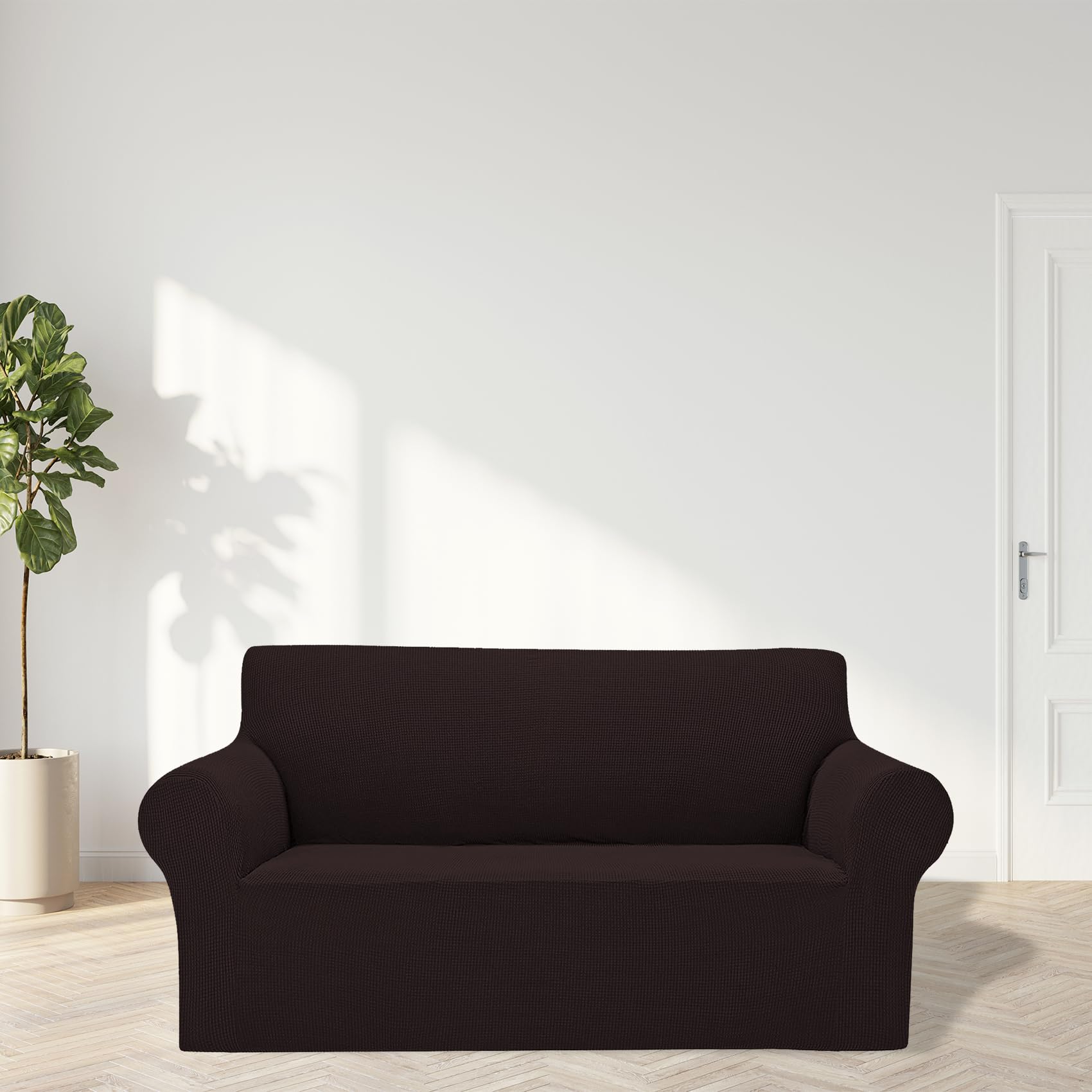 2025 New Stretch Loveseat Sofa Slipcovers Couch Cover For 2 Cushion Furniture Protector Sofa Covers With Elastic Bottom Jacquard Fabric Small Checks For Pets, Kids - Chocolate