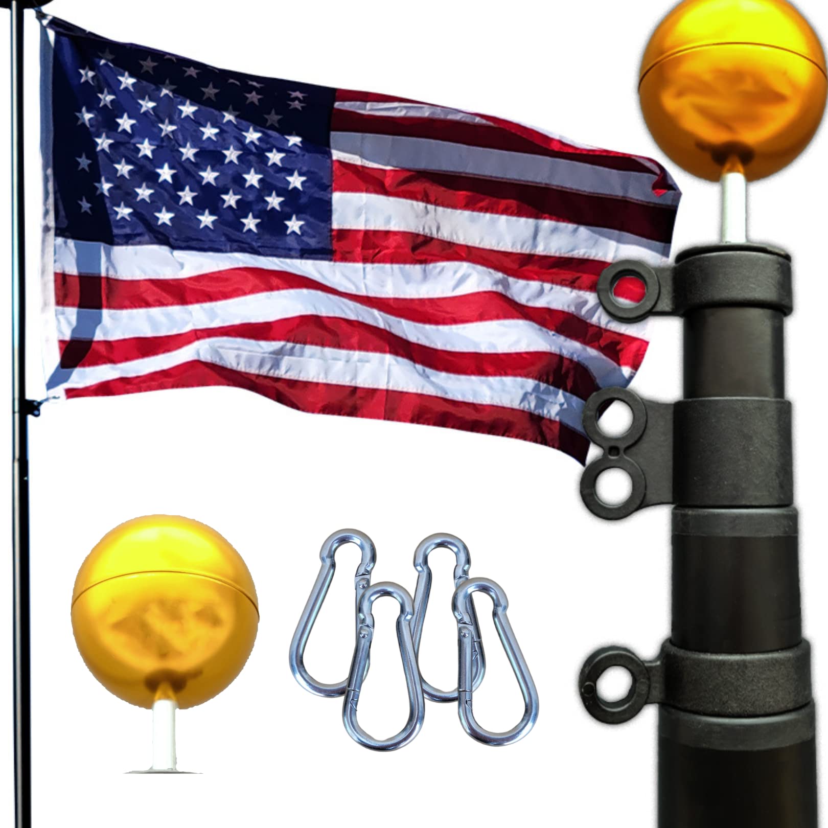 Service First Black Heavy Duty 25Ft Telescoping Freedom Edition Residential Flagpole Kit - Anti Tangle Swivel Ring Design - Stai