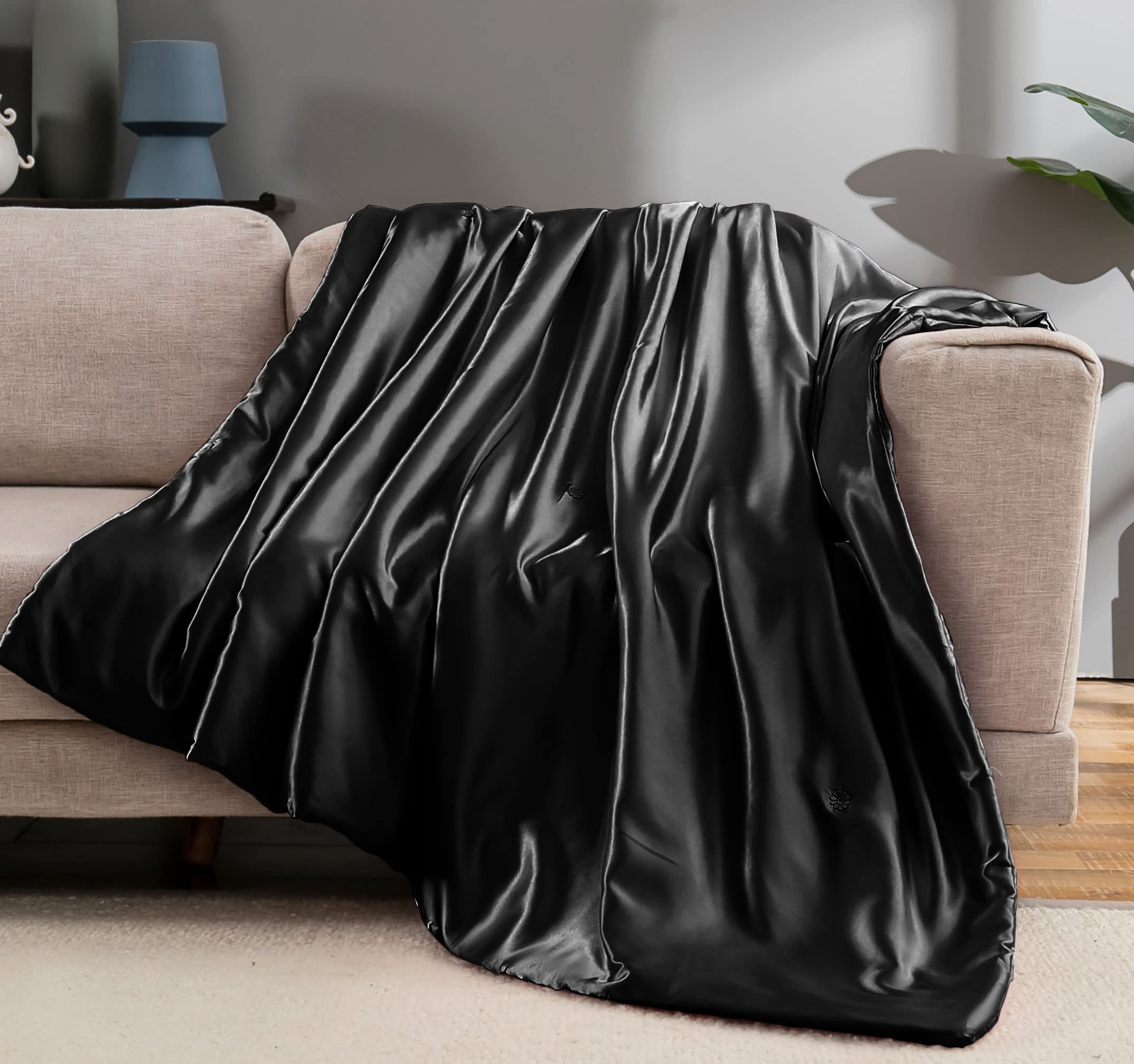 Vonty Satin Throw Blanket Black Satin Blankets 60X80 Inches, Cooling & Silky Throw Blanket Wrinkle-Free Cable Knit Throw Blanket