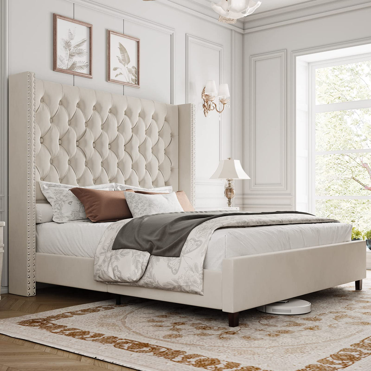 Papajet Queen Bed Frame 61.4'' Tall Headboard Upholstered Velvet Platform Bed With Handmade Deep Button Tufted/No Box Spring Req