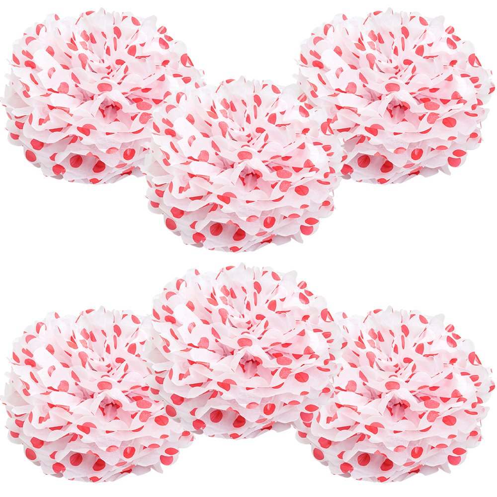 WYZworks Set of 6 - RED Polka DOT 12 - (6 Pack) Tissue Pom Poms Flower Party Decorations for Weddings, Birthday, Halloween, Brid