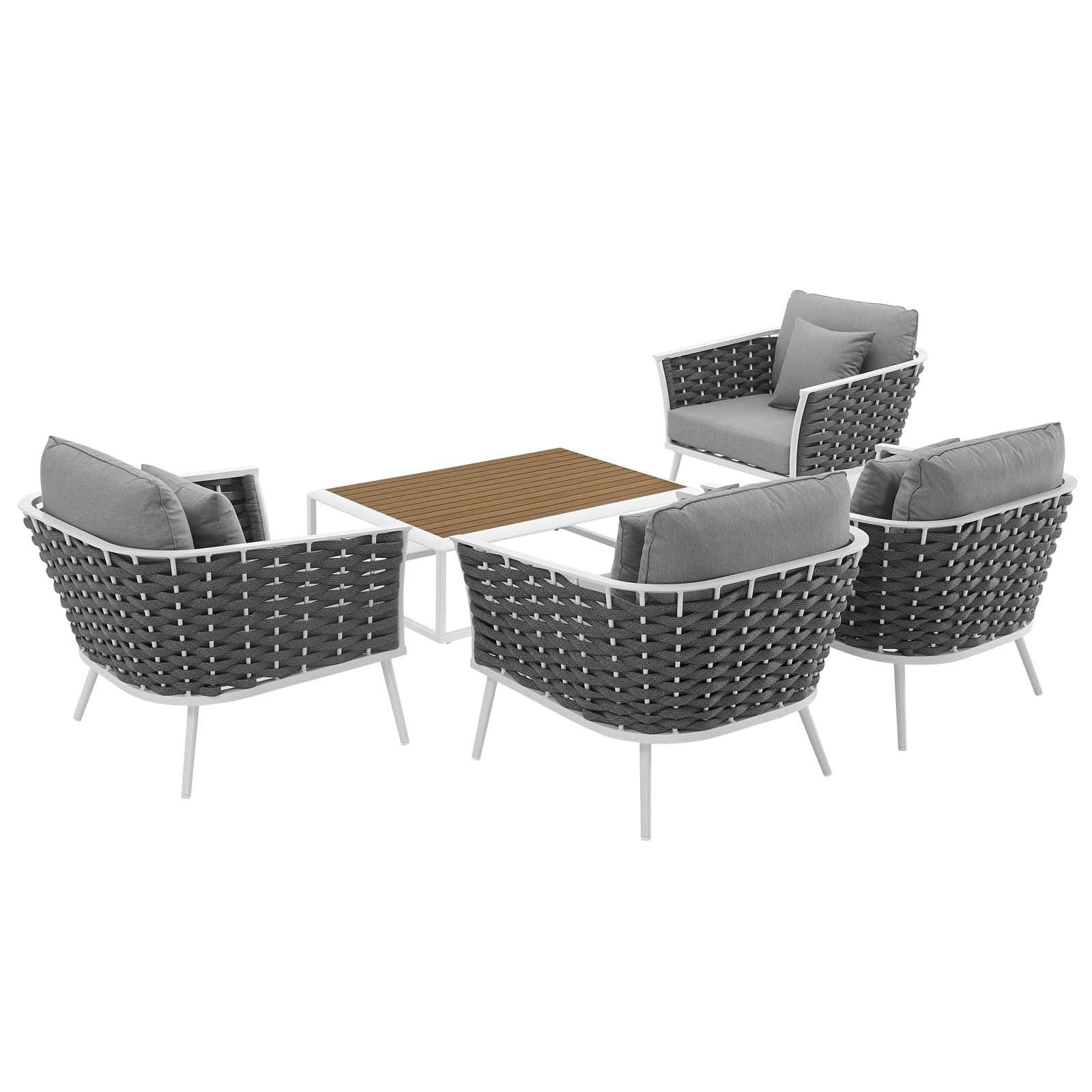 Modway Stance 5 Piece Outdoor Patio Aluminum Sectional Sofa Set In White Gray, Sips For Four