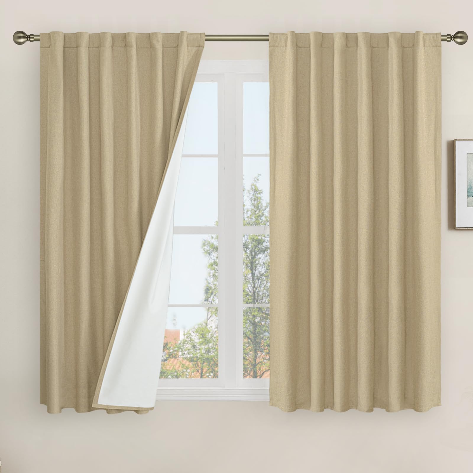 Lamit Natural Linen 100% Blackout Window Curtains For Bedroom, 45 Inches Linen Textured Thermal Farmhouse Curtains Back Tab And