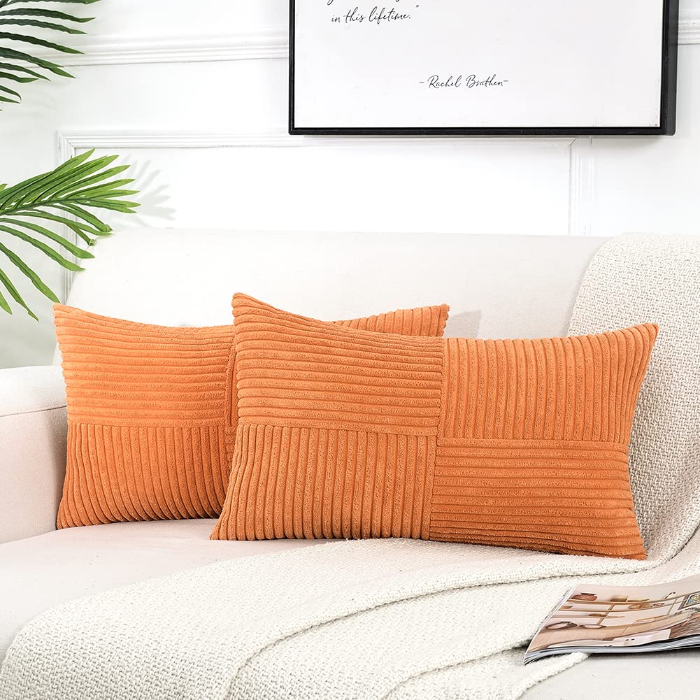 Fancy Homi 2 Packs Orange Long Lumbar Decorative Throw Pillow Covers 12X24 Inch For Couch Bed Sofa, Rustic Farmhouse Boho Home D