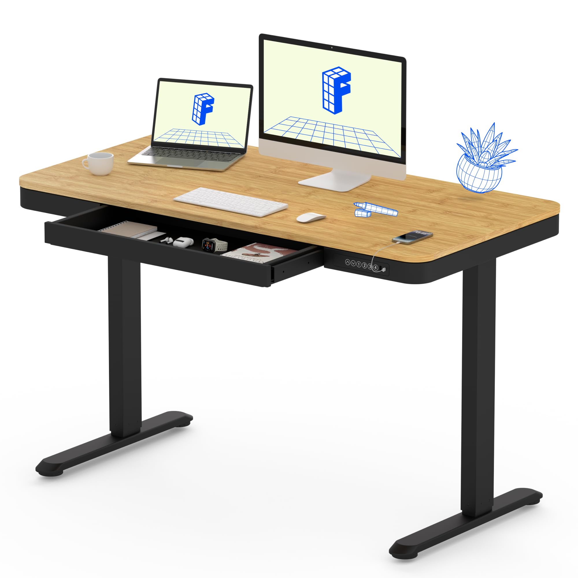 FLEXISPOT Comhar Electric Standing Desk with Drawer Desktop & Adjustable Frame w/USB Charge Ports (Bamboo-Look Laminate/Black, W