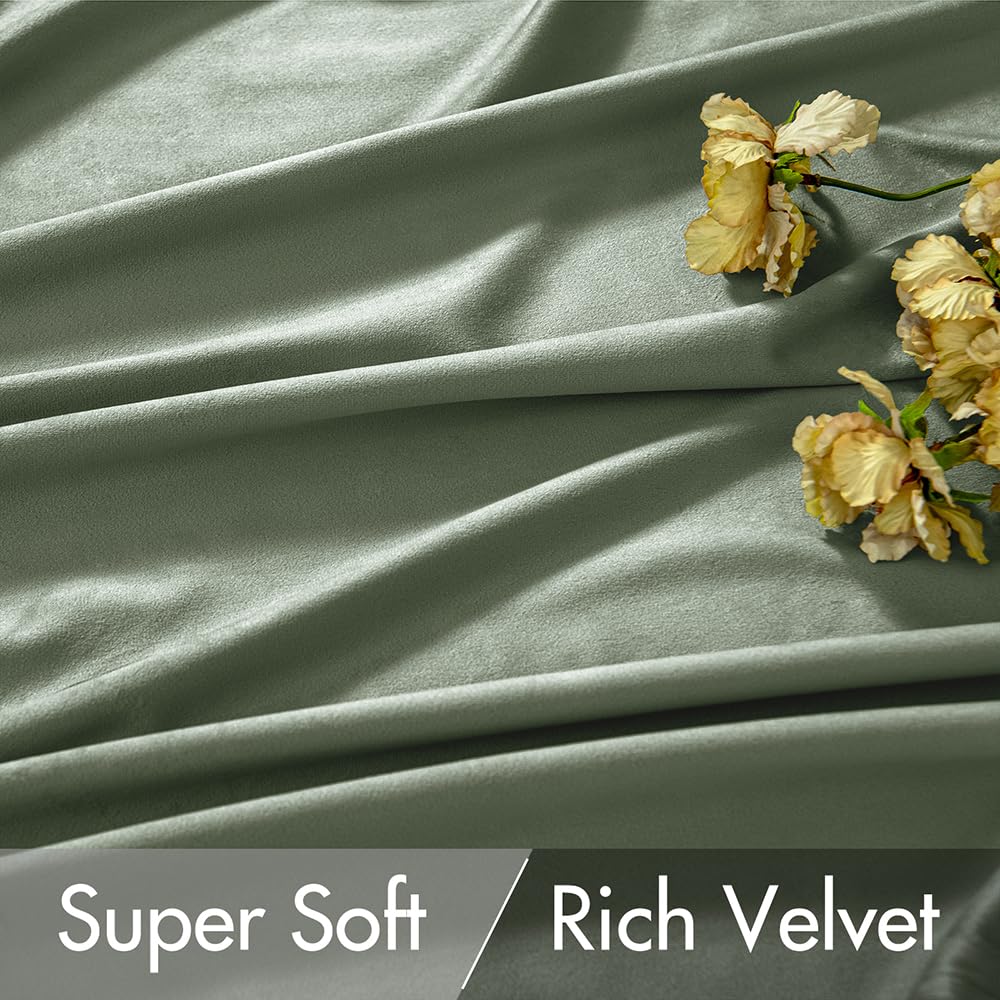 Miulee Sage Green Velvet Curtains 96 Inches 2 Panels - Pinch Pleated Luxury Room Darkening Window Drapes For Bedroom Living Room