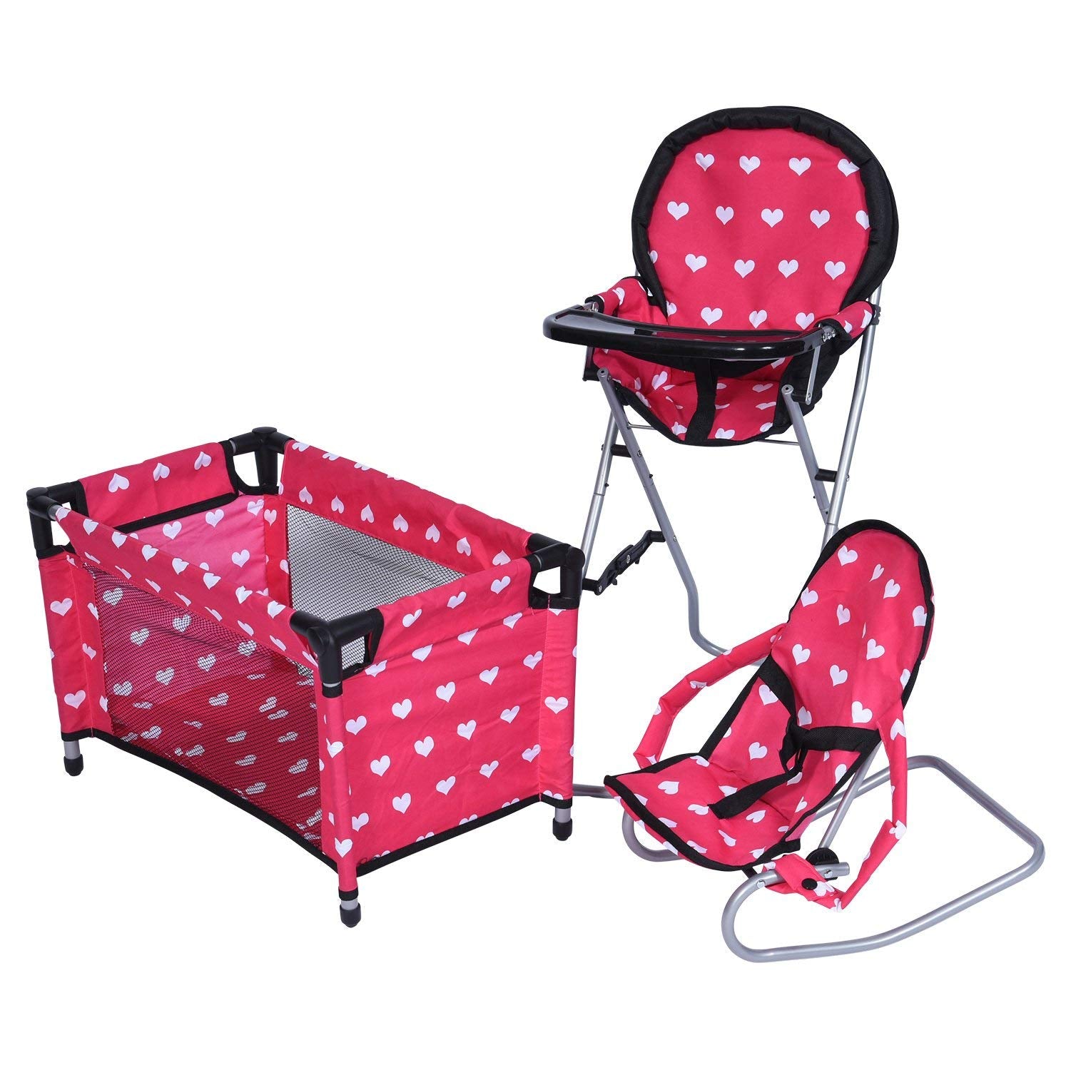 The New York Doll Collection Dolls Mega Play Set with Dolls High Chair, 3-1 Doll Bouncer and Pack N Play Pink for 18-inch Dolls