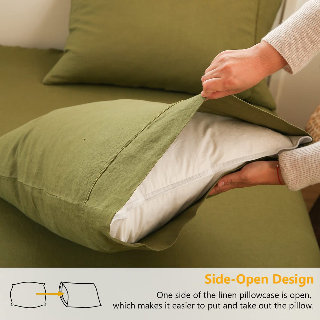 Simple&Opulence 100% Belgian Linen Pillowcase Embroidered-Set Of 2, Queen(Standard) Size(20''X30''), Stone Washed Solid Color-Soft And Durable, Olive Green