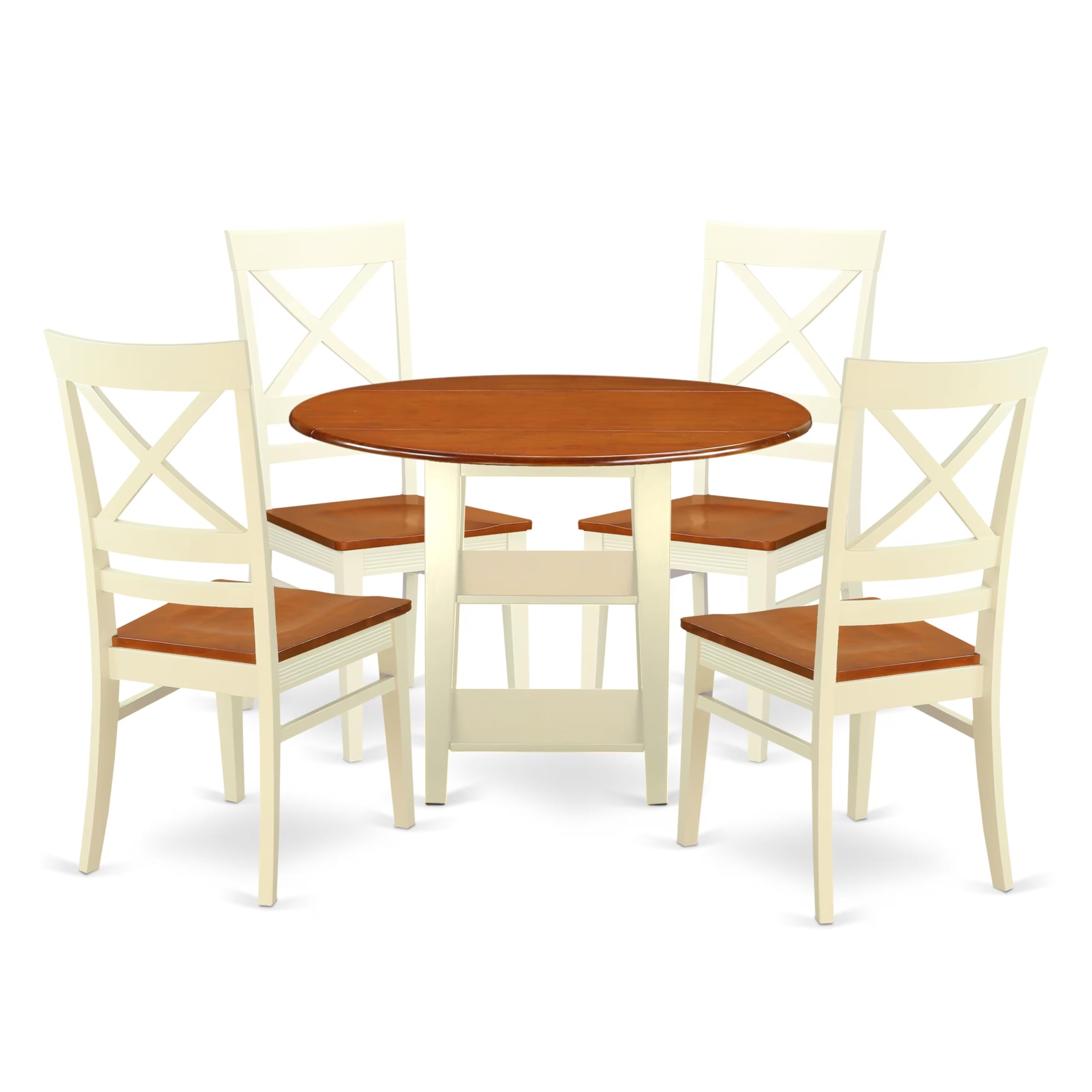 East West Furniture SUQU5-BMK-W 5 Piece Dining Room Table Set Includes a Round Kitchen Table with Dropleaf & Shelves and 4 Dining Chairs, 42x42 Inch, Buttermilk & Cherry