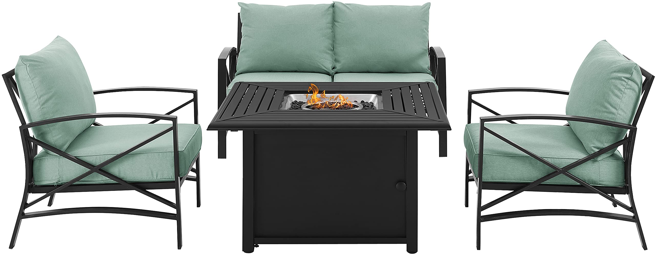 Crosley Furniture Kaplan 4-Piece Outdoor Loveseat Patio Furniture Set with Propane Gas Fire Pit Table, Oiled Bronze with Mist Cushions