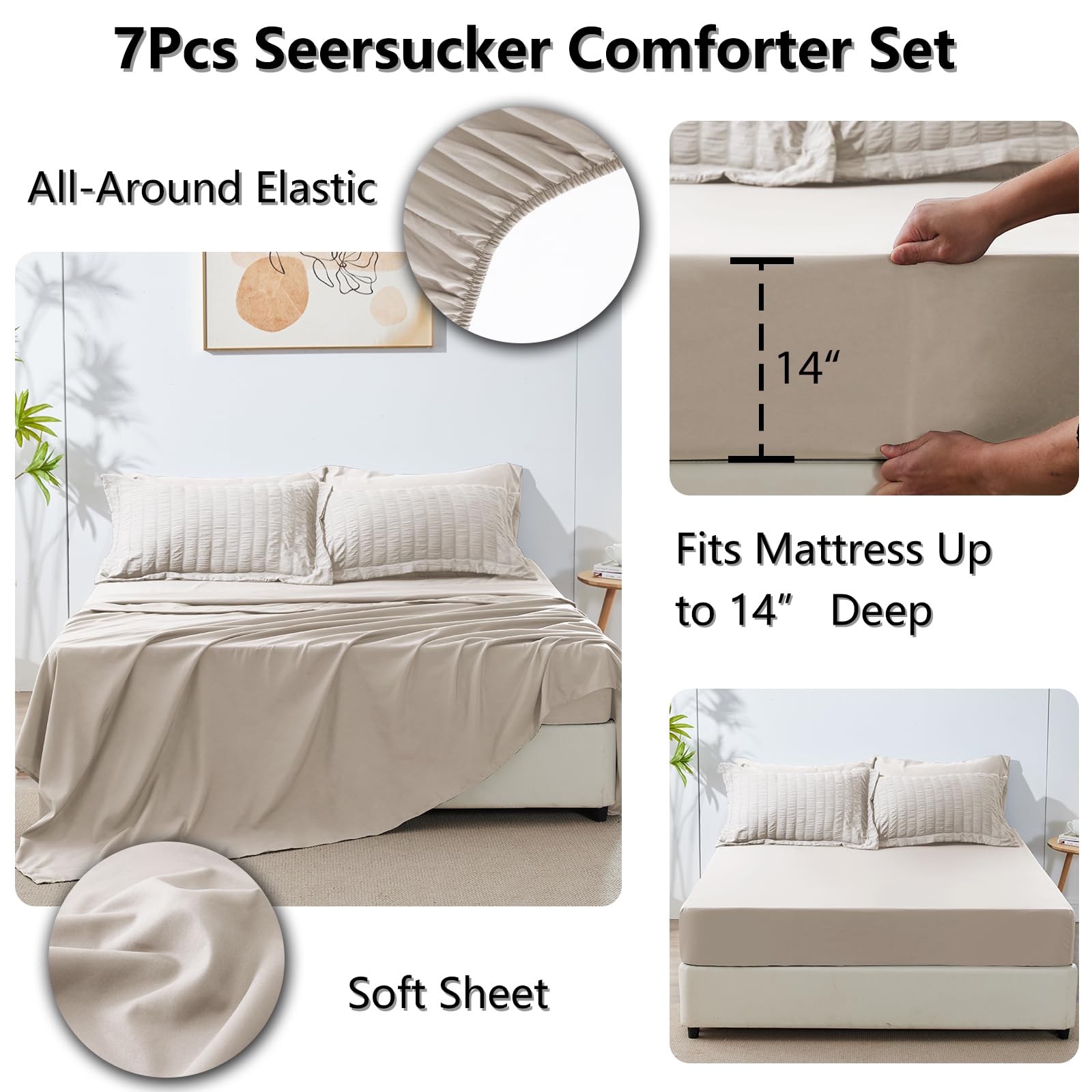 Cozylux King Seersucker Comforter Set With Sheets Beige Bed In A Bag 7-Pieces All Season Bedding Sets With Comforter, Pillow Sham, Flat Sheet, Fitted Sheet, Pillowcase