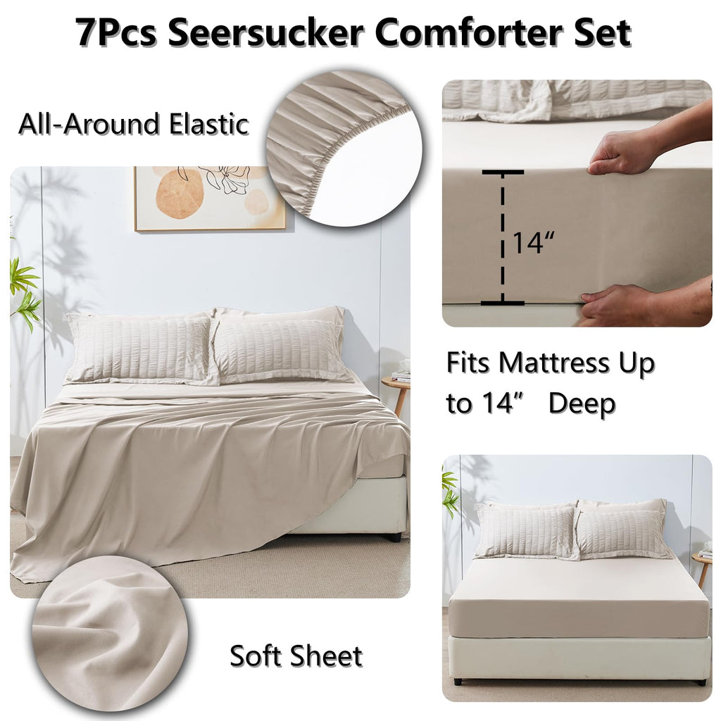 Cozylux King Seersucker Comforter Set With Sheets Beige Bed In A Bag 7-Pieces All Season Bedding Sets With Comforter, Pillow Sham, Flat Sheet, Fitted Sheet, Pillowcase
