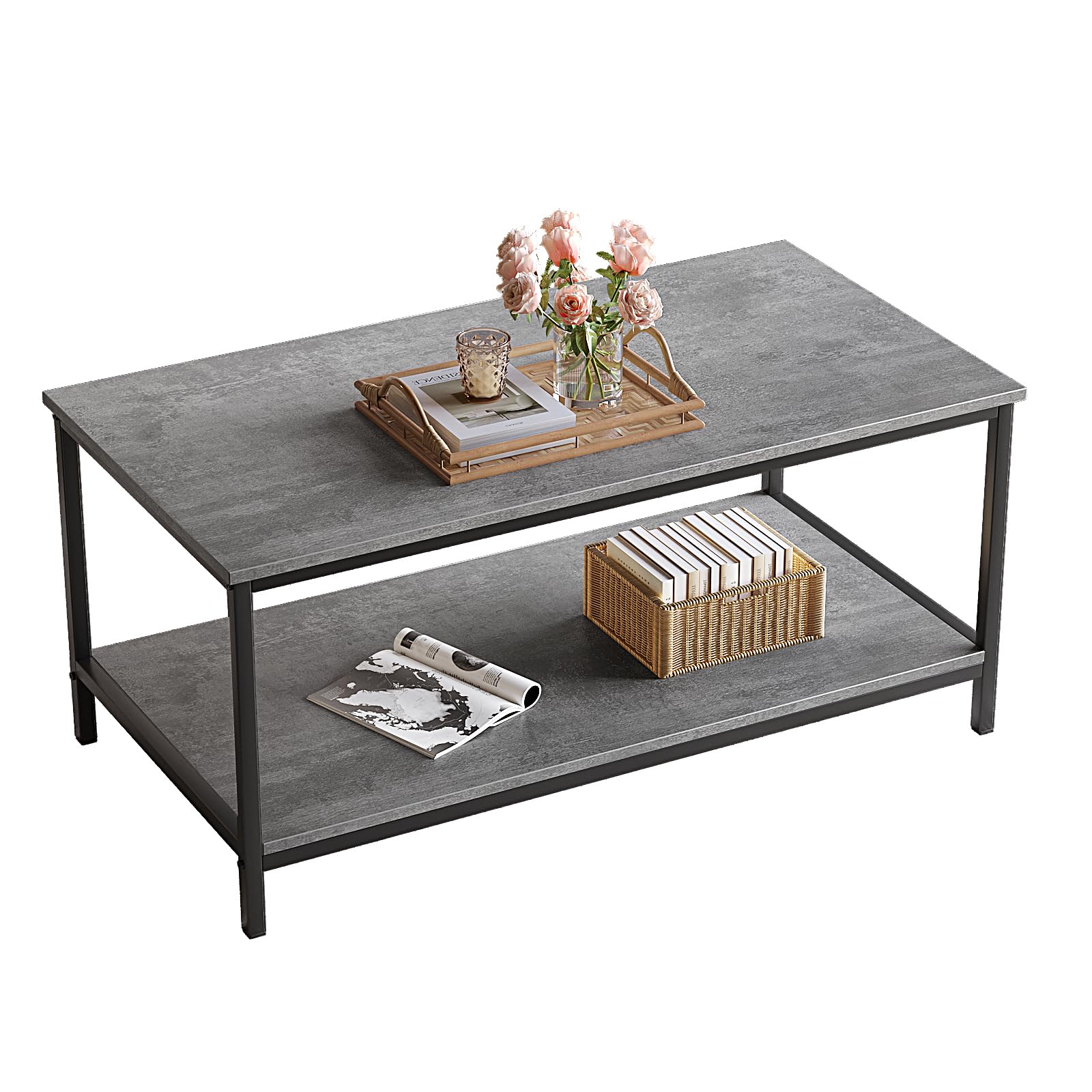 Saygoer Coffee Table With Storage 2-Tier Industrial Center Table For Living Room, Rectangle Wood Table For Small Spaces Apartment Home Office, Concrete Gray