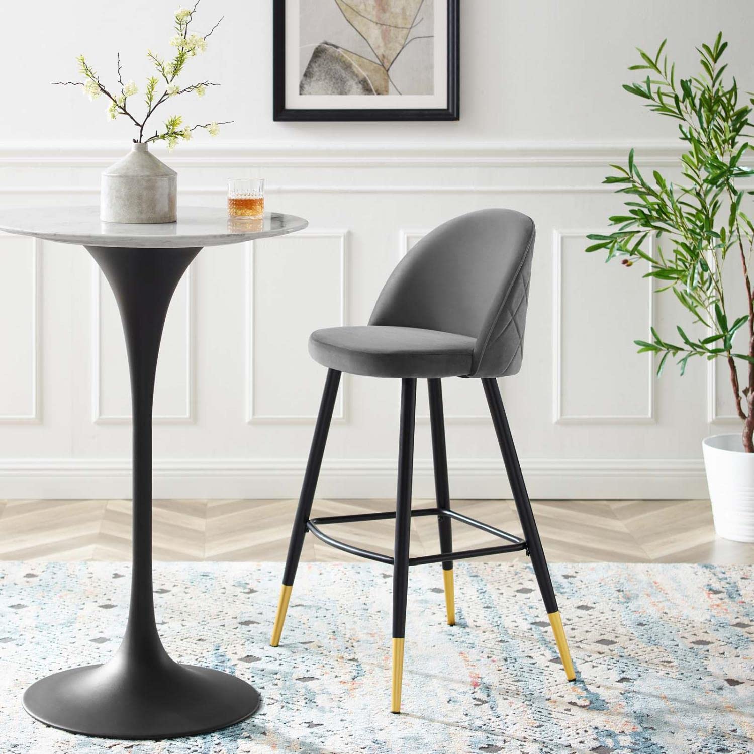 Modway Cordial Performance Velvet Dining Bar Stools in Gray - Set of 2