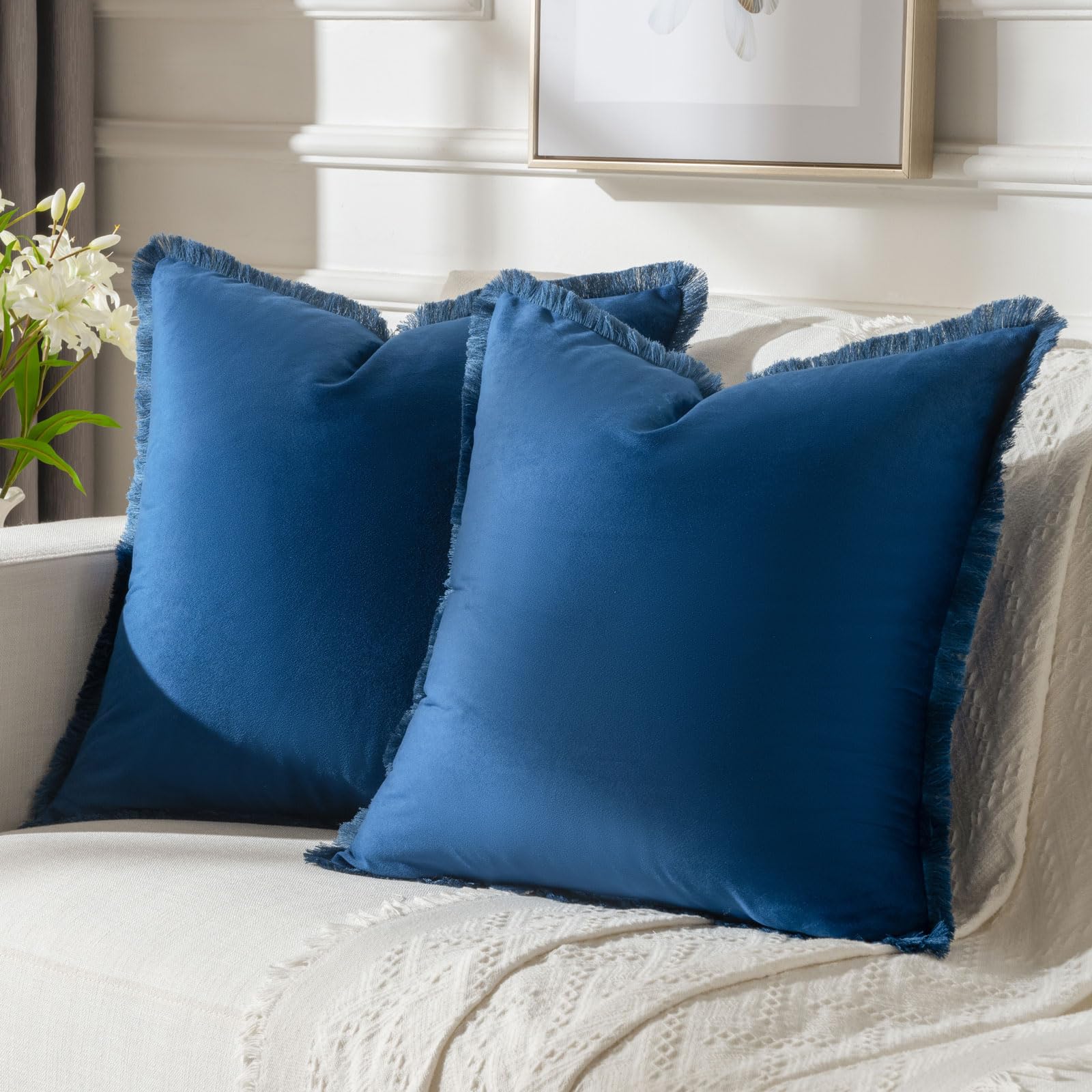 FUTEI Navy Blue Boho Throw Pillow Covers with Tassels 20x20 Inch Set of 2,Soft Velvet Decorative Cushion Case,Home Decor for Cou