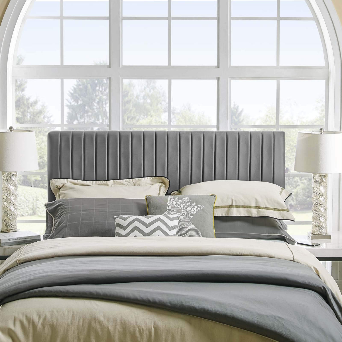 Modway Keira Channel Tufted Performance Velvet Upholstered Full / Queen Headboard in Gray