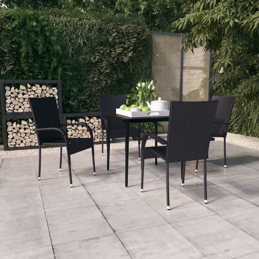 vidaXL 5 Piece Patio Dining Set in Black - Outdoor Furniture Set with PE Rattan Chairs & Glass Tabletop - Easy Assembly & Maintenance