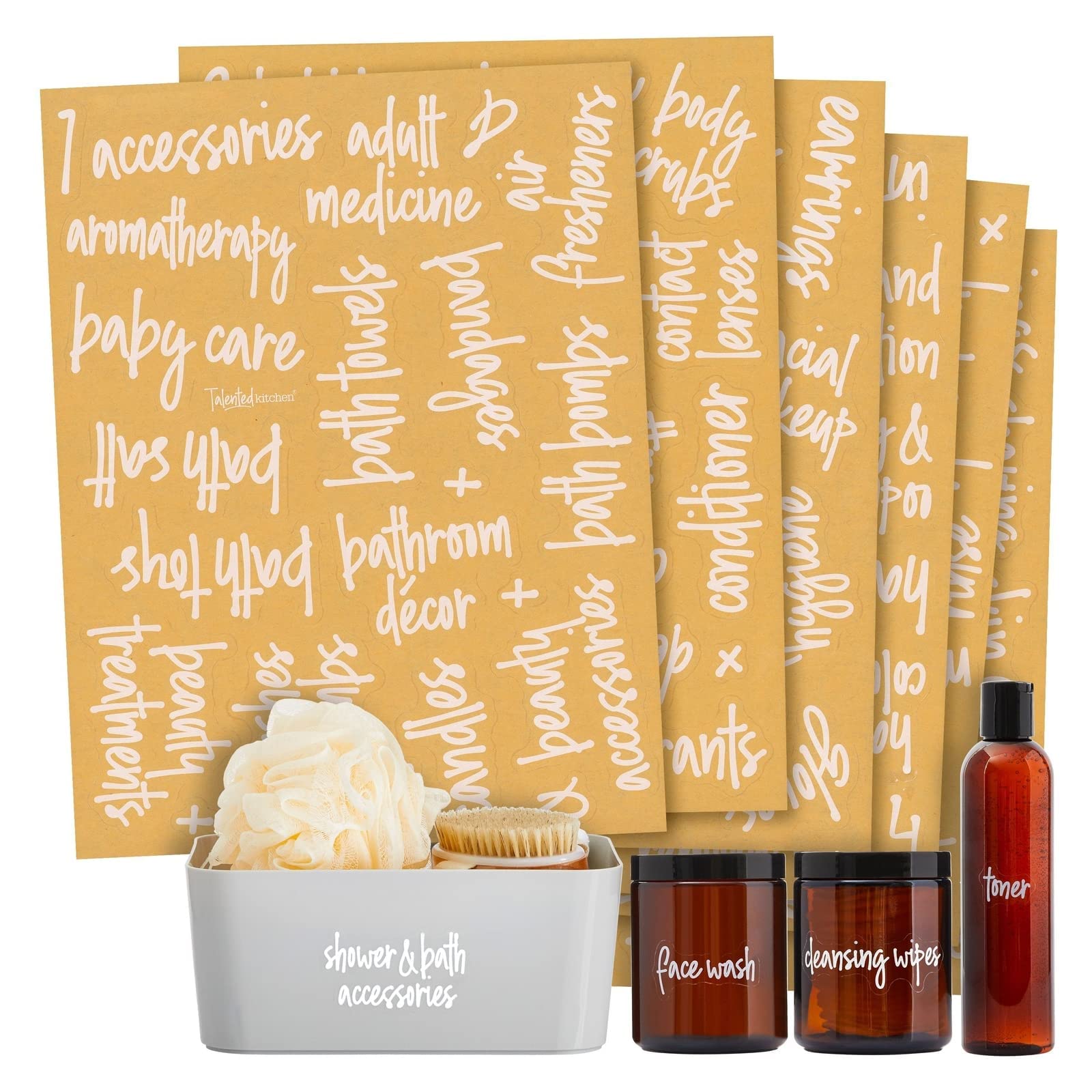 Talented Kitchen 192 Preprinted Bathroom Labels for Containers - White Script Stickers for Organizer Bins, Bath, Beauty Canister