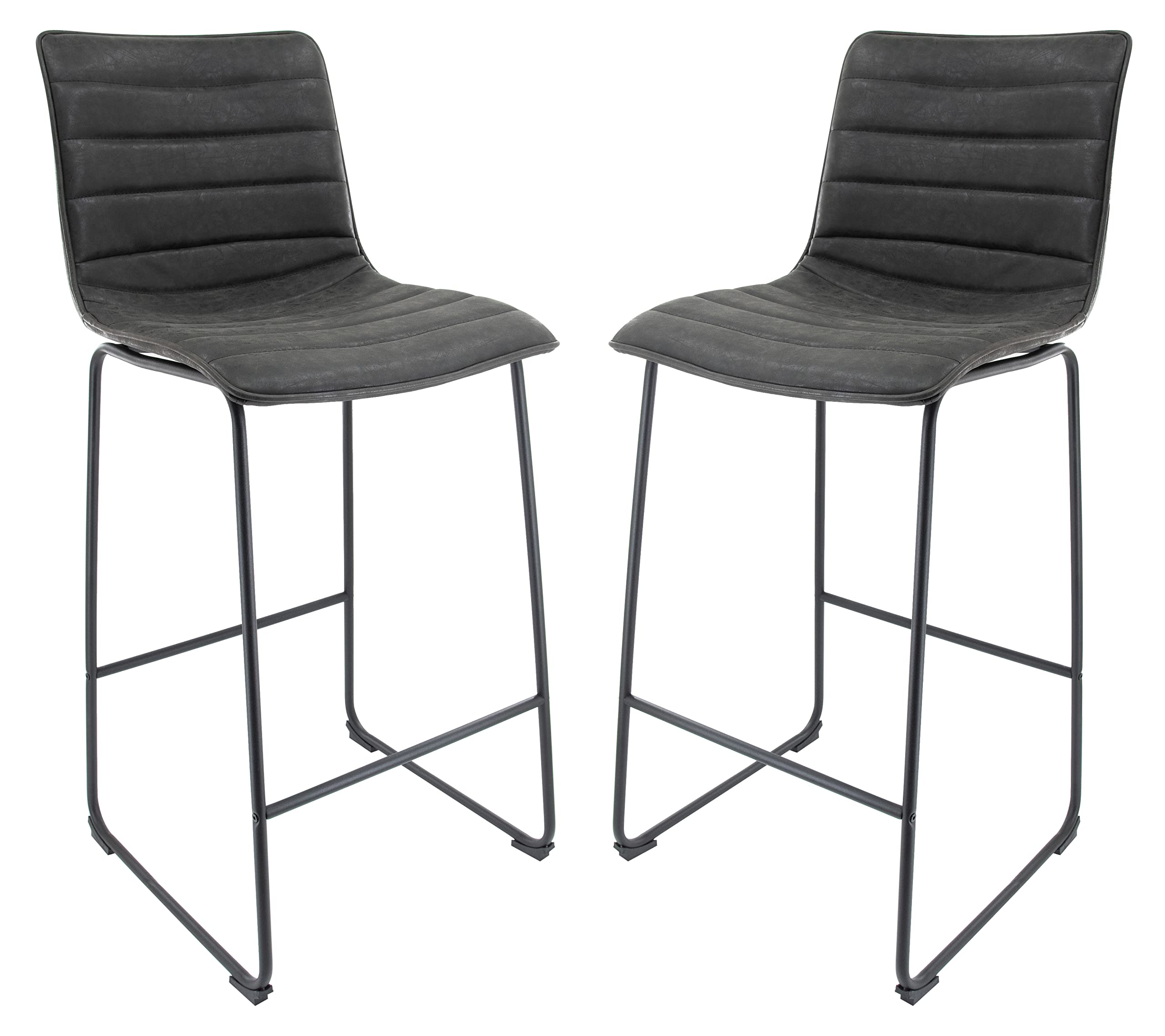 Leisuremod Brooklyn 29.9' Modern Leather Bar Stool Kitchen Island Stools With Black Iron Base & Footrest Set Of 2 (Charcoal Bla