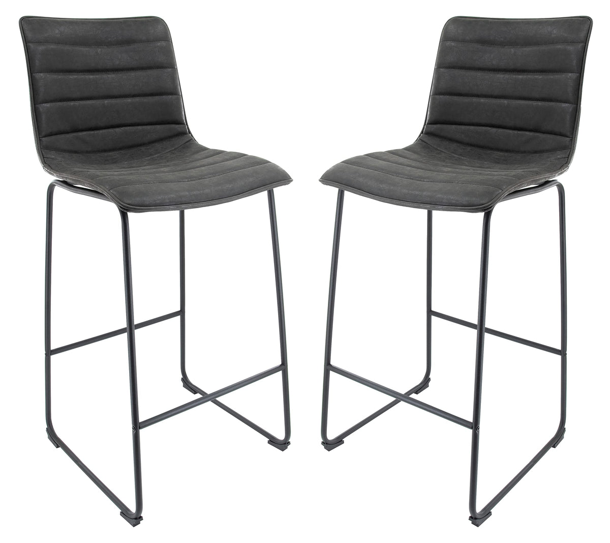 Leisuremod Brooklyn 29.9' Modern Leather Bar Stool Kitchen Island Stools With Black Iron Base & Footrest Set Of 2 (Charcoal Bla