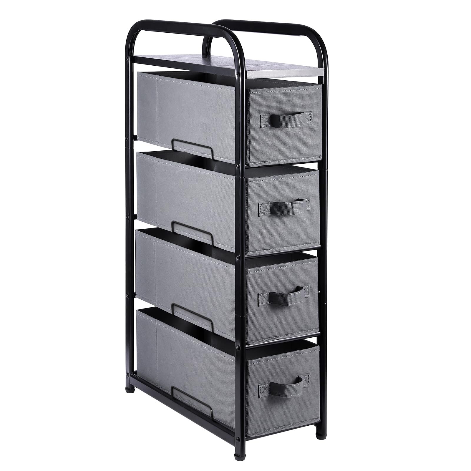 Max Houser 4 Drawer Narrow Dresser Fabric Storage Tower Vertical Slim Storage Chest Organizer Nightstand Side/End Table Small Standing Organizer Removable Drawers Wood Top For Bedroom, Bathroom(Grey